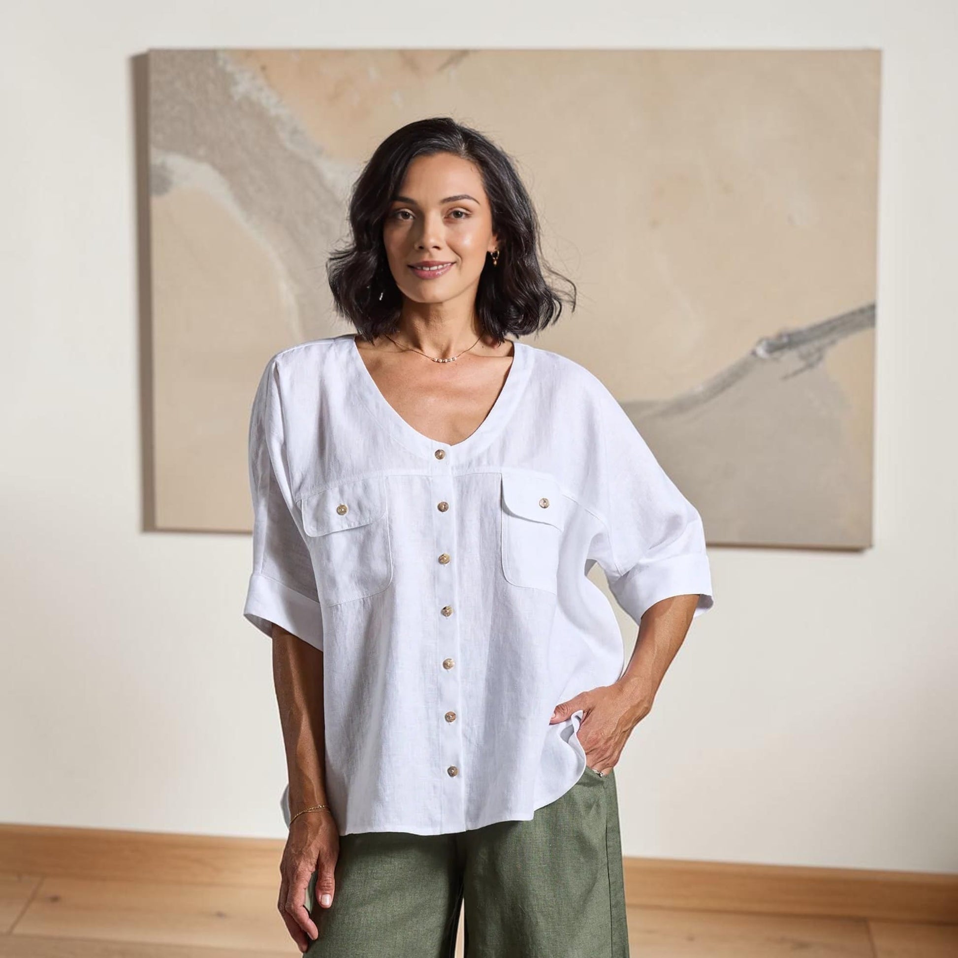 Short Sleeve Linen Top, V Neck Curved Hem