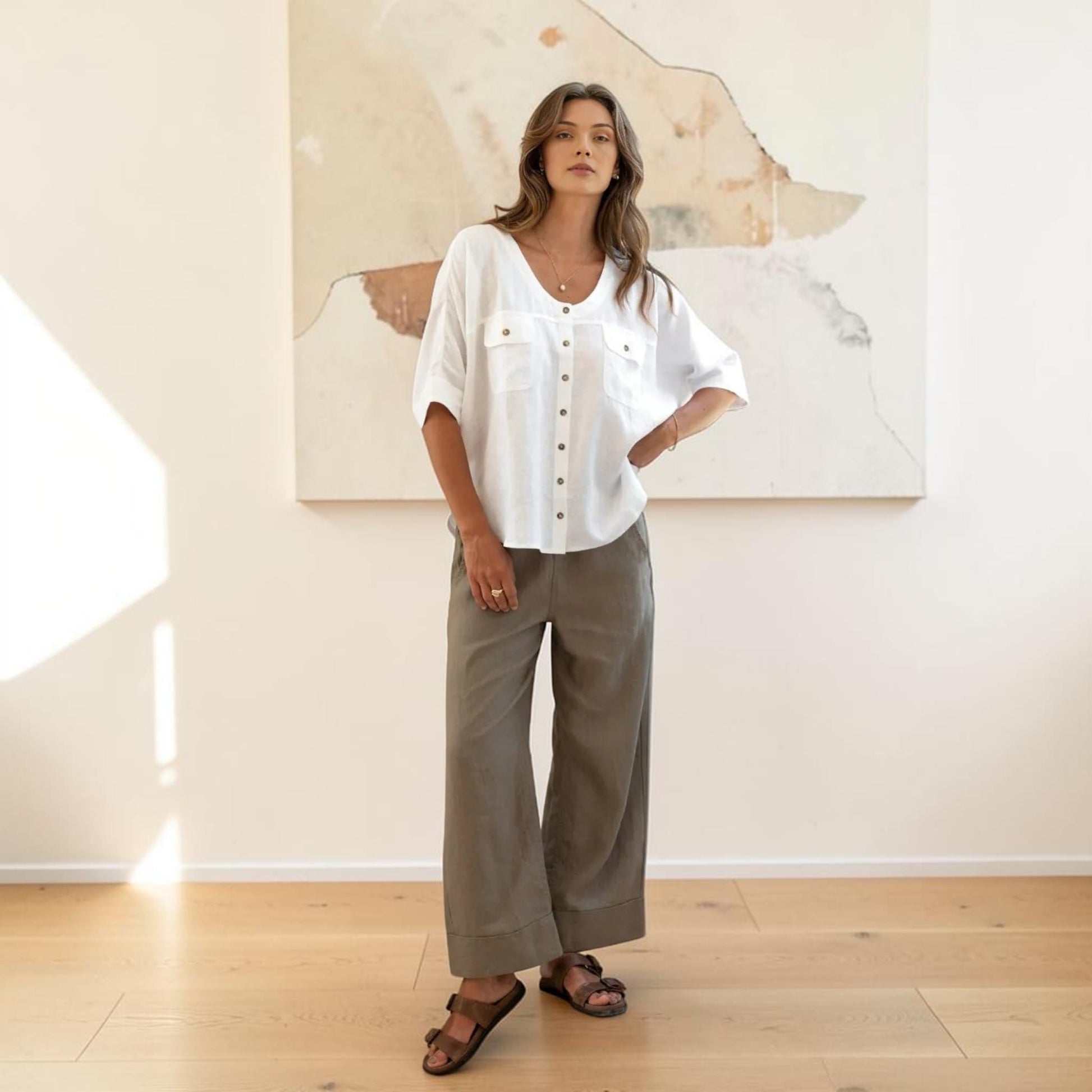 Short Sleeve Linen Top, V Neck Curved Hem