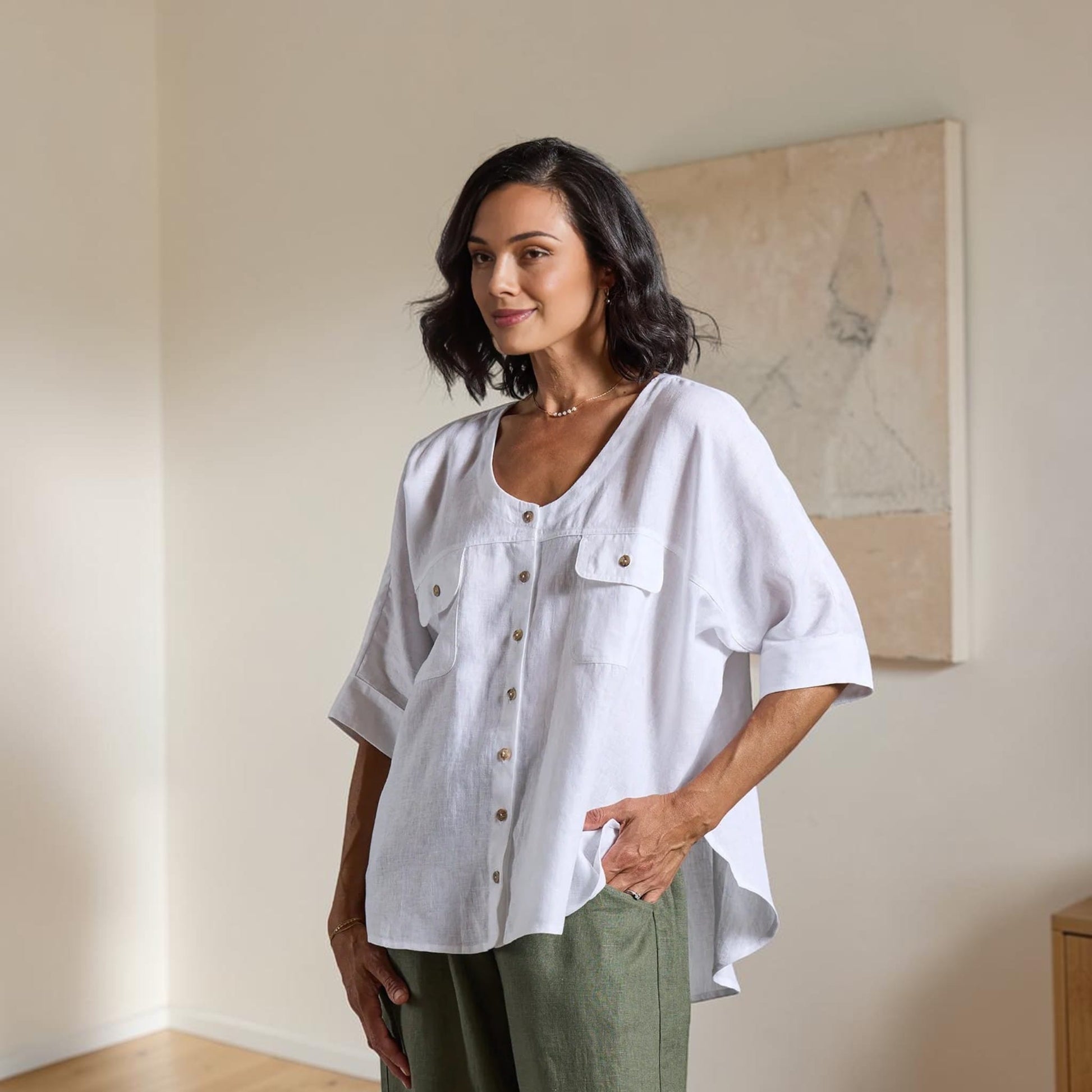 Short Sleeve Linen Top, V Neck Curved Hem