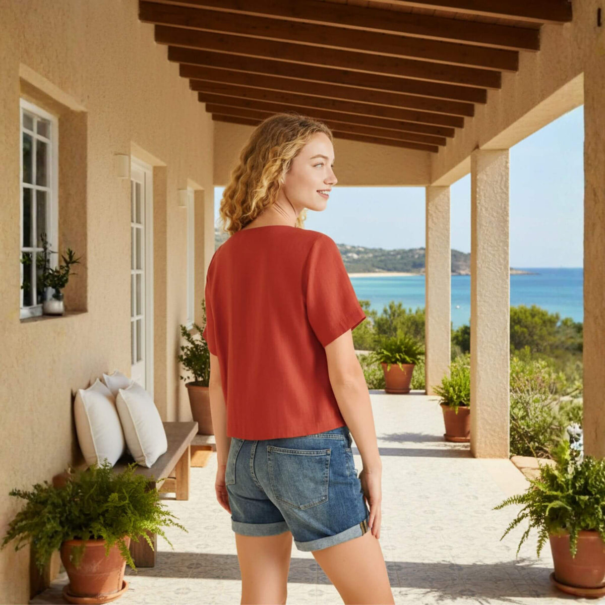Short Sleeve Linen Top, V Neck Linen Shirt