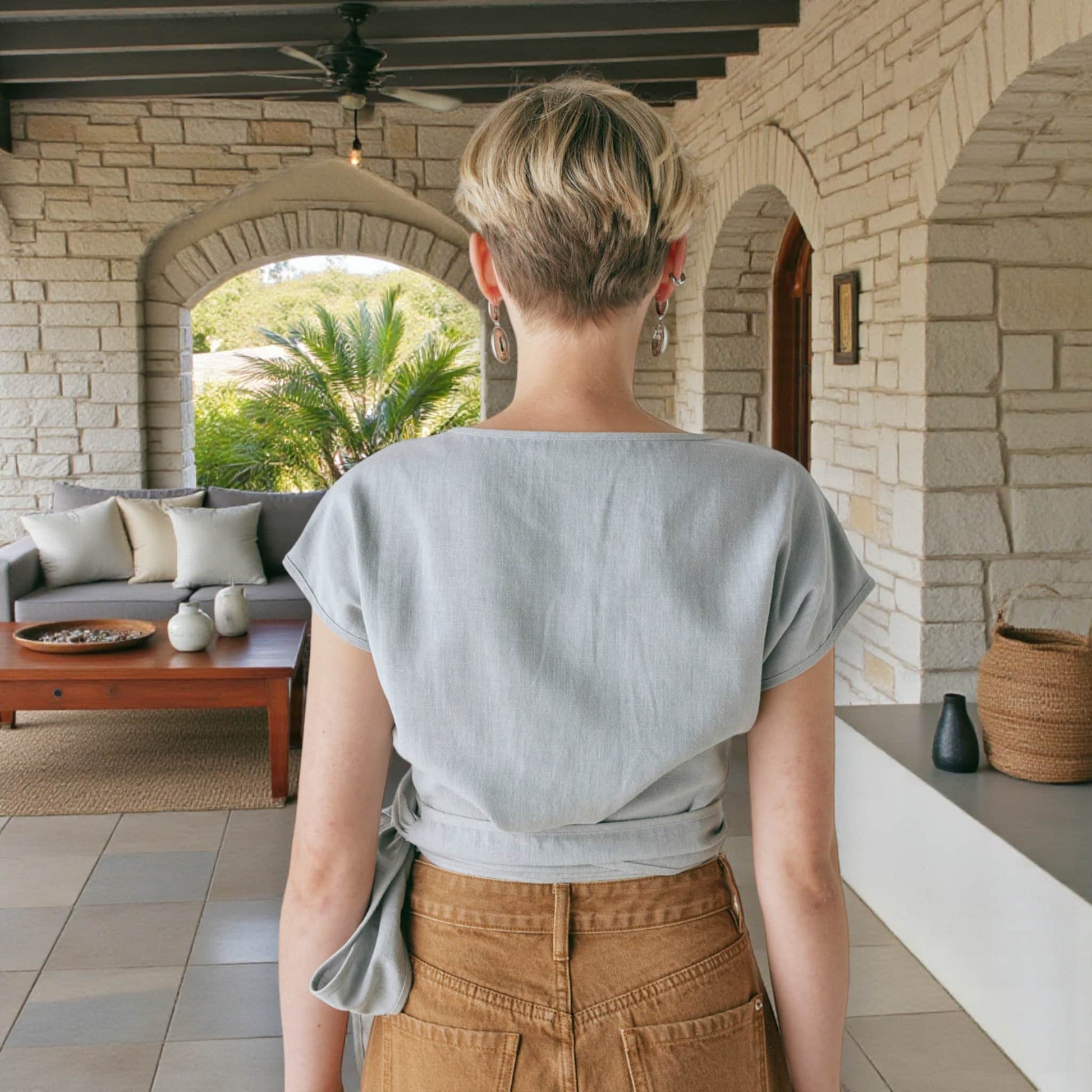 Short Sleeve Linen Wrap Top, Linen Wrap Crop Top
