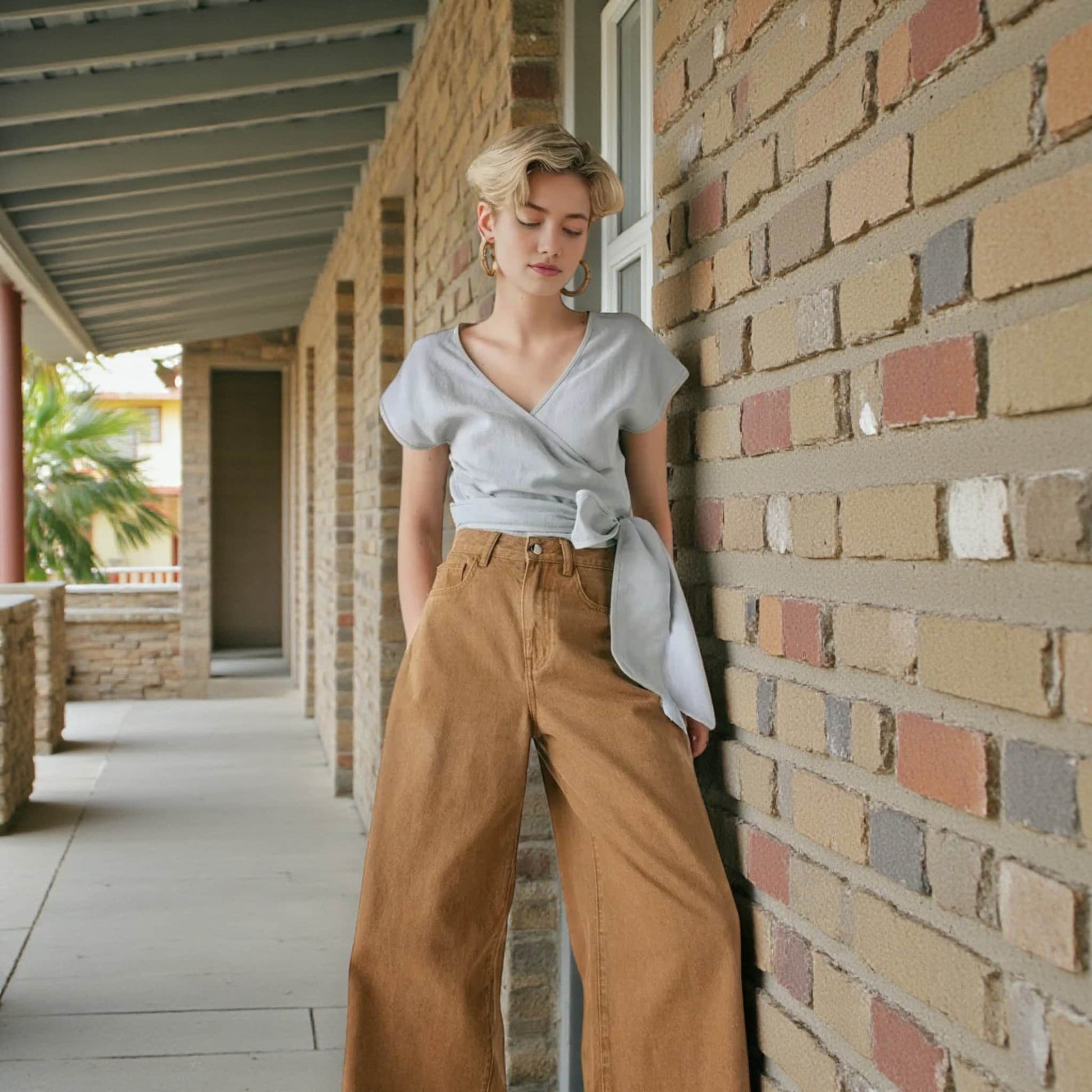 Short Sleeve Linen Wrap Top, Linen Wrap Crop Top