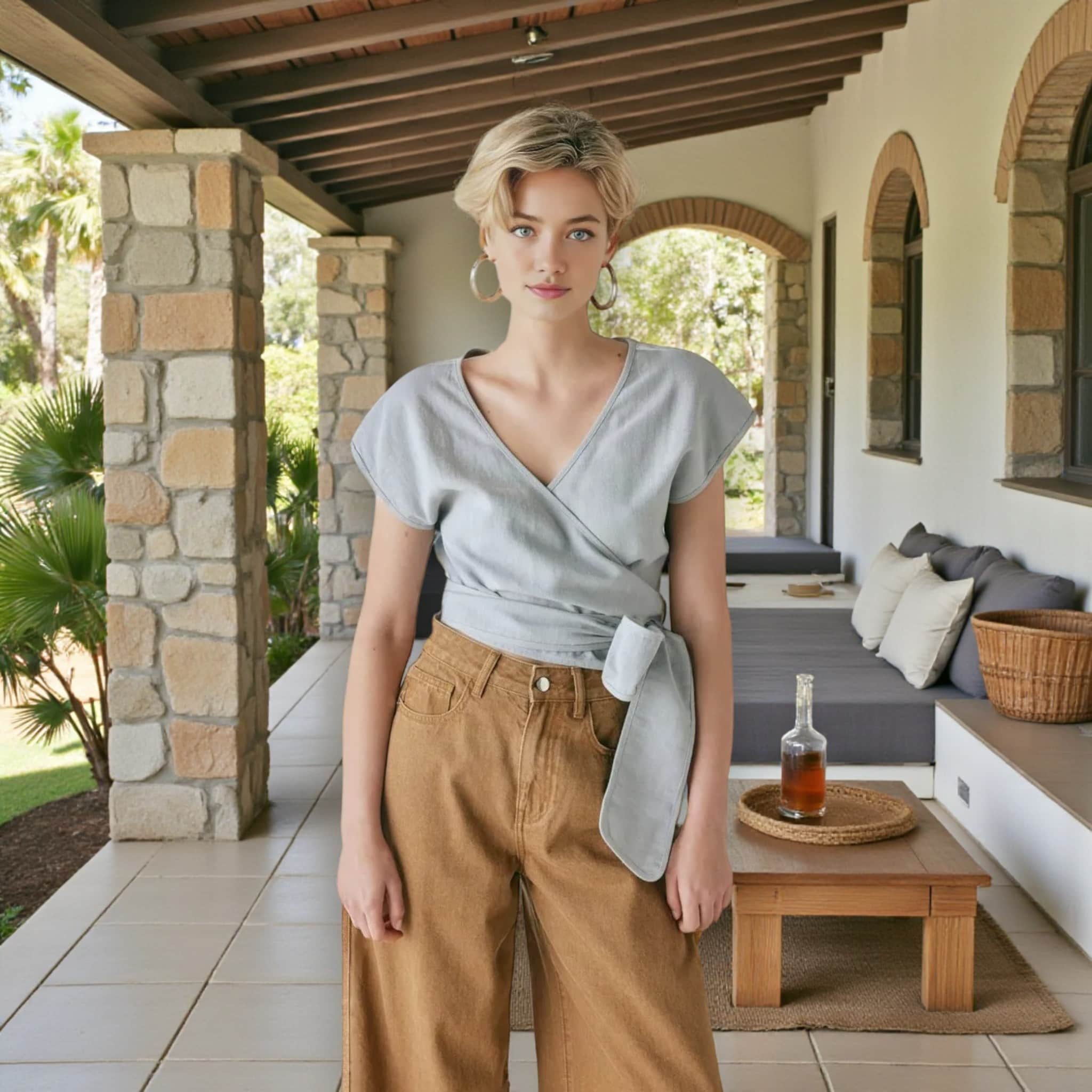 Short Sleeve Linen Wrap Top, Linen Wrap Crop Top