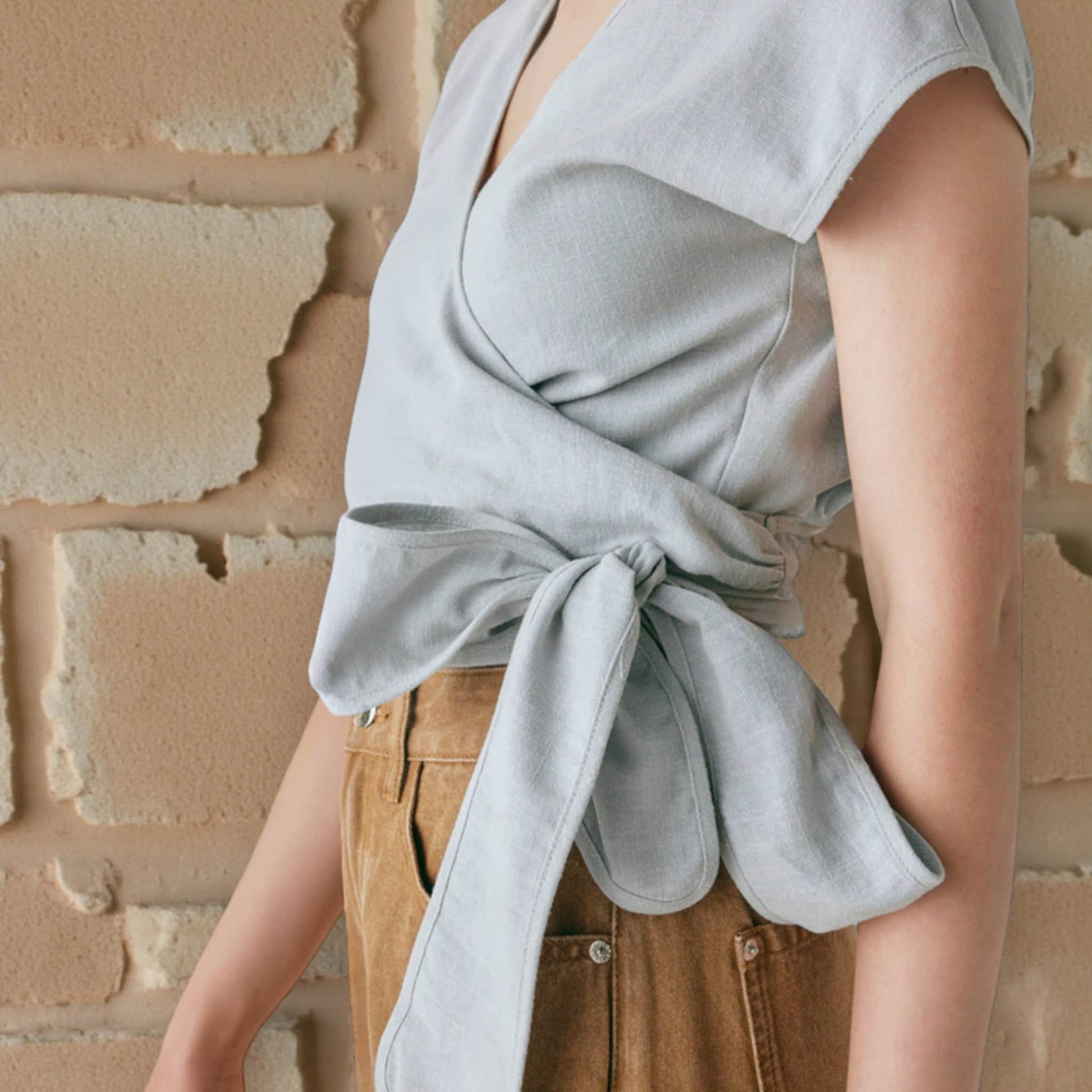Short Sleeve Linen Wrap Top, Linen Wrap Crop Top