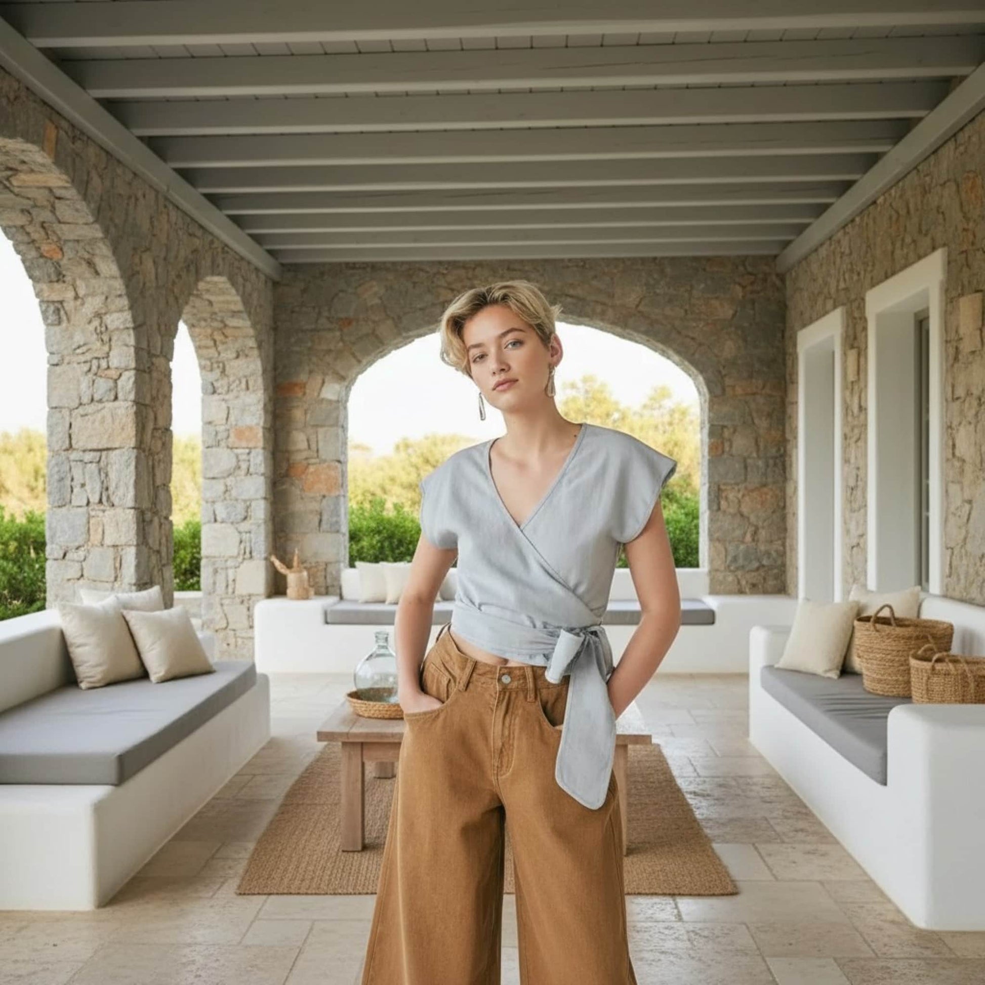 Short Sleeve Linen Wrap Top, Linen Wrap Crop Top