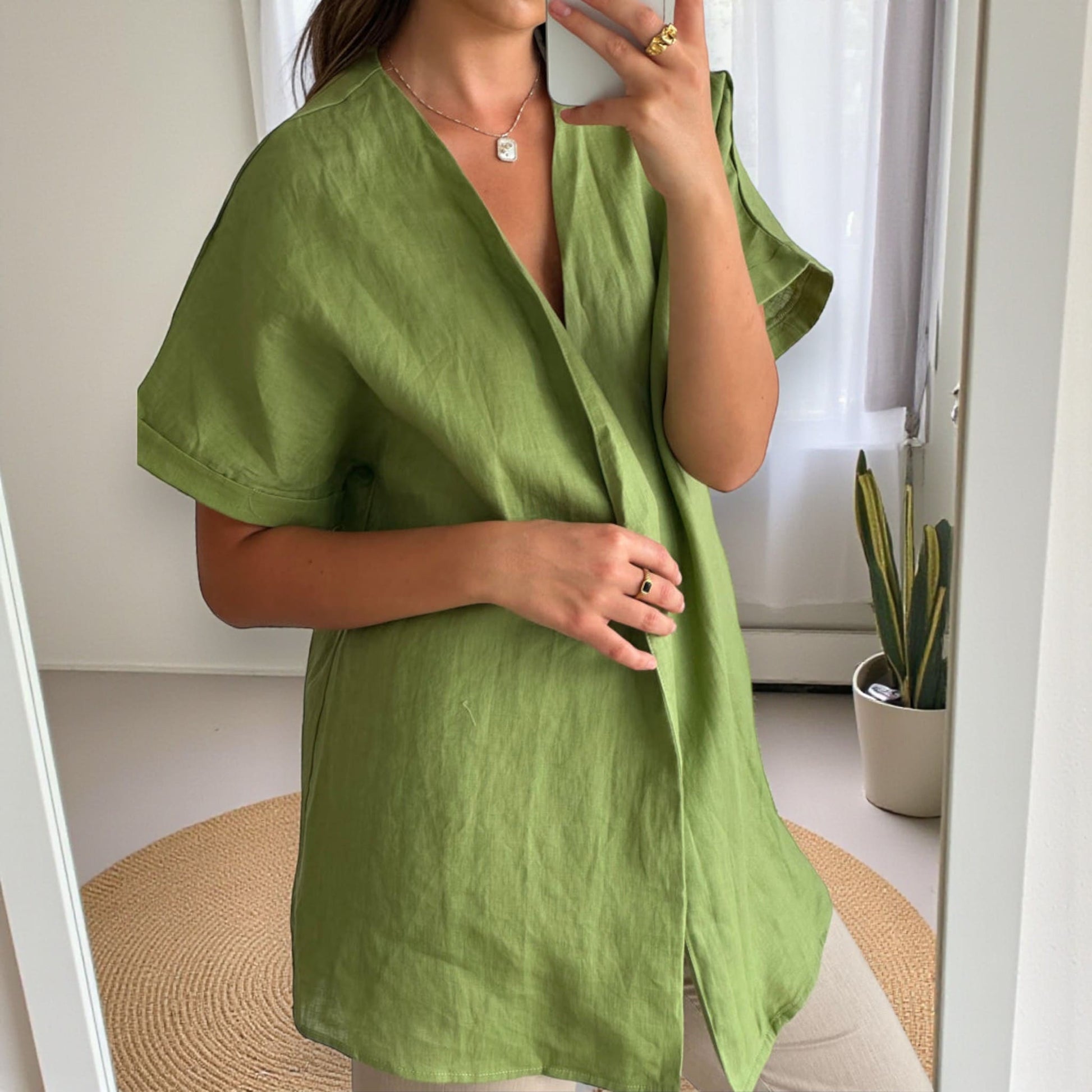 Short Sleeve Linen Wrap Top, Relaxed Tie-Waist Blouse