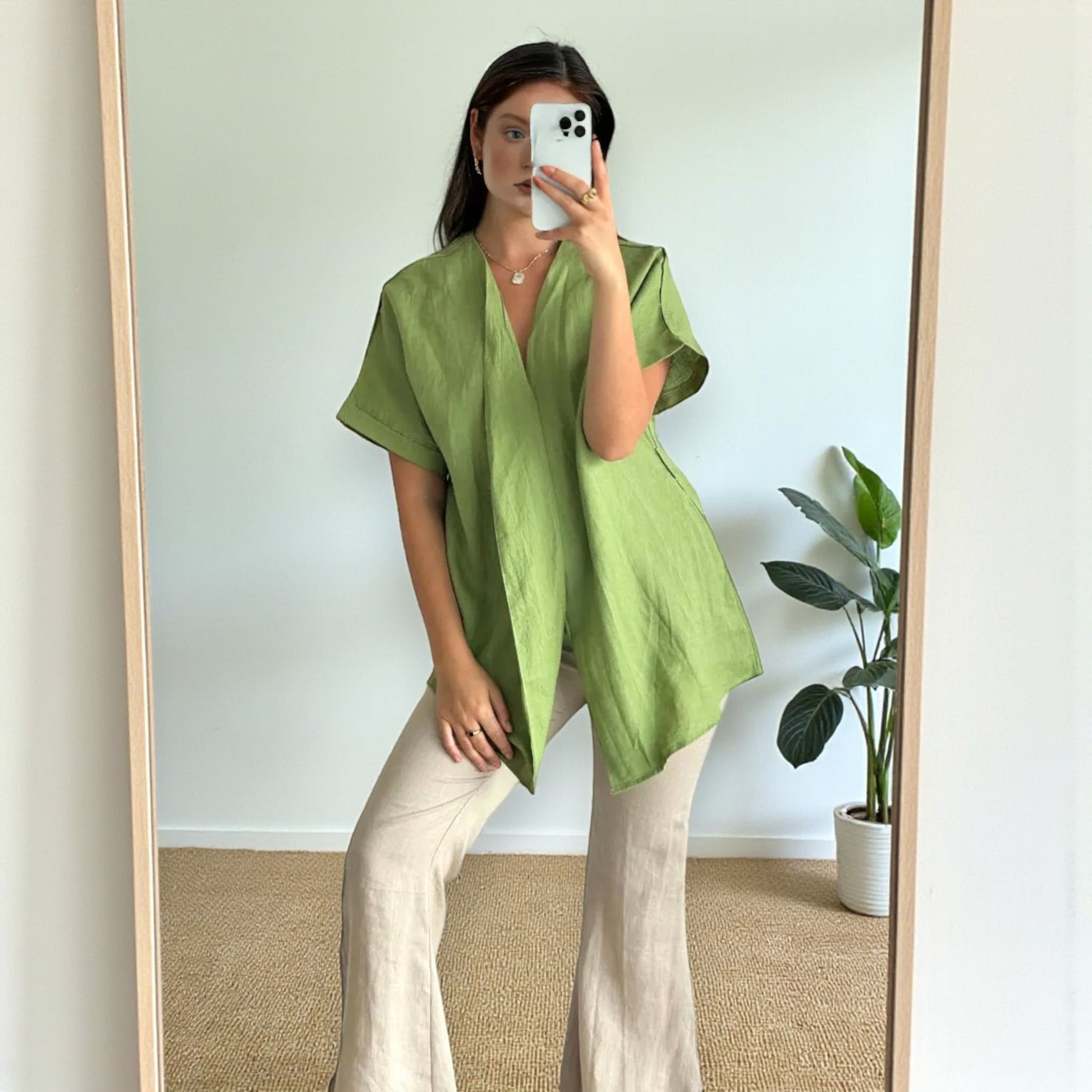Short Sleeve Linen Wrap Top, Relaxed Tie-Waist Blouse