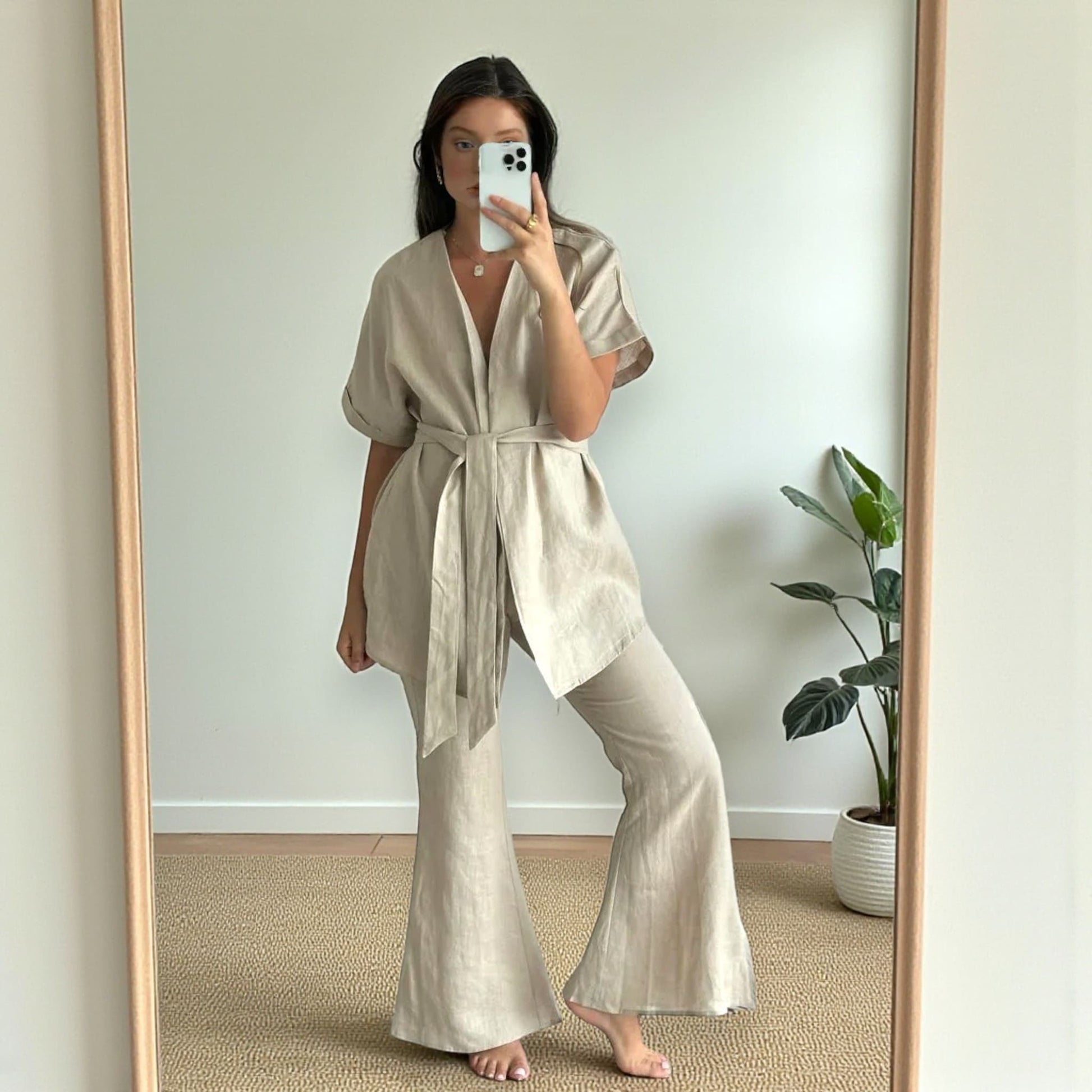 Short Sleeve Linen Wrap Top, Relaxed Tie-Waist Blouse