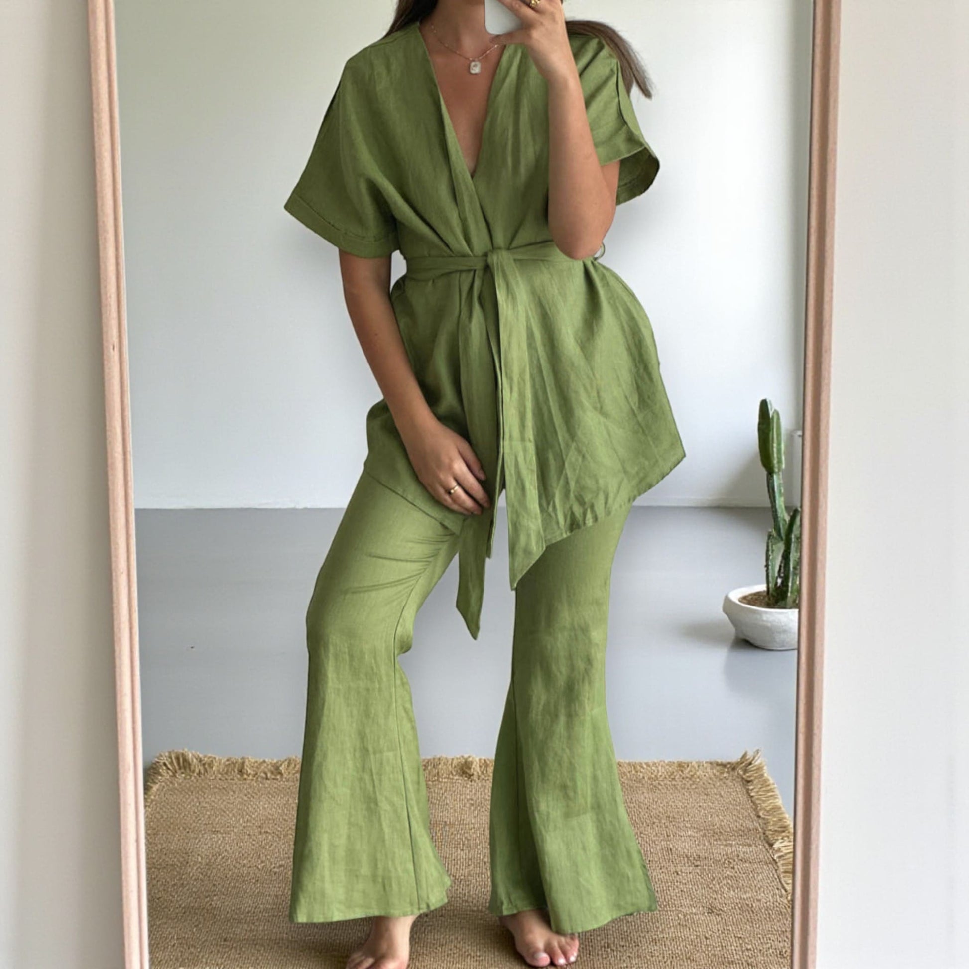 Short Sleeve Linen Wrap Top, Relaxed Tie-Waist Blouse