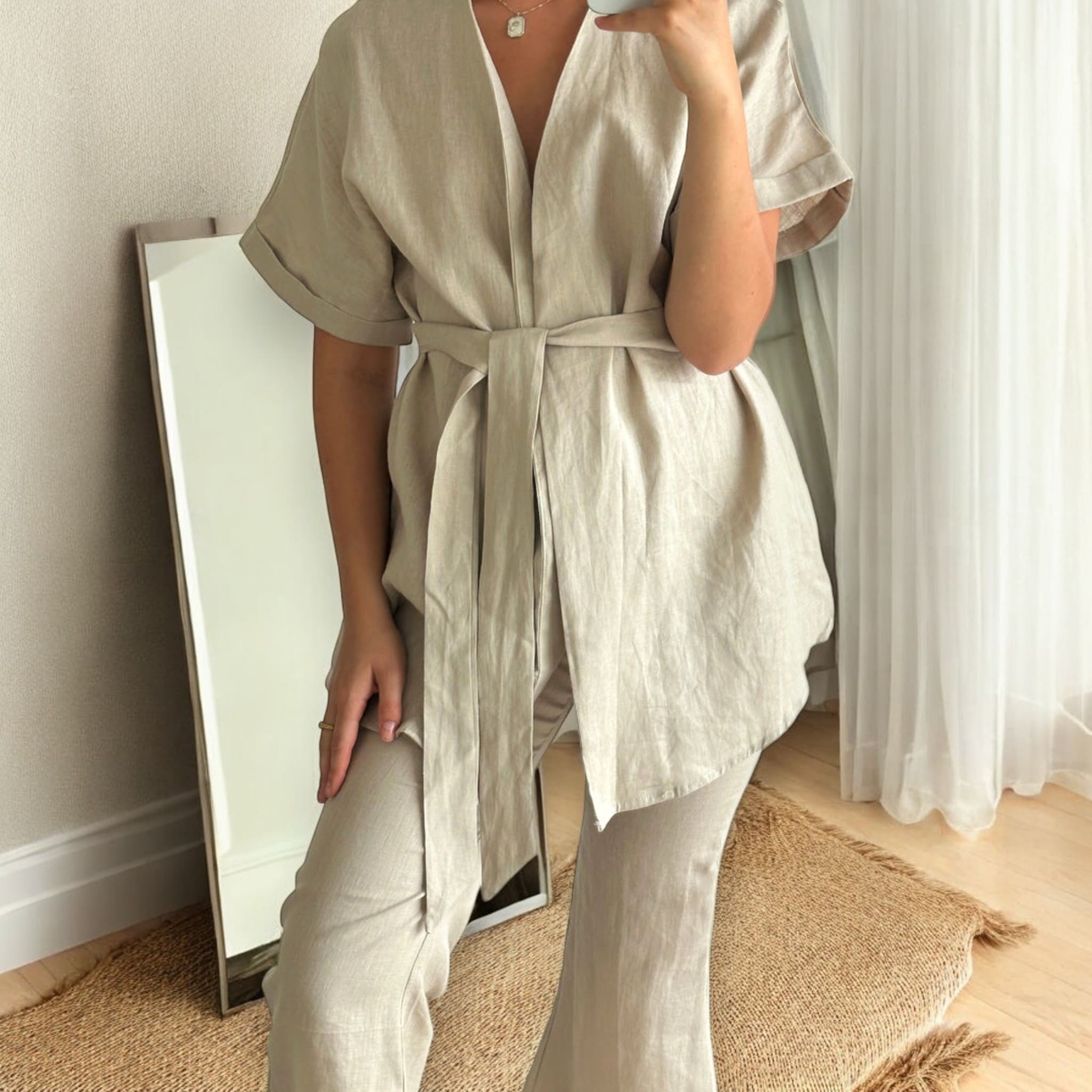 Short Sleeve Linen Wrap Top, Relaxed Tie-Waist Blouse