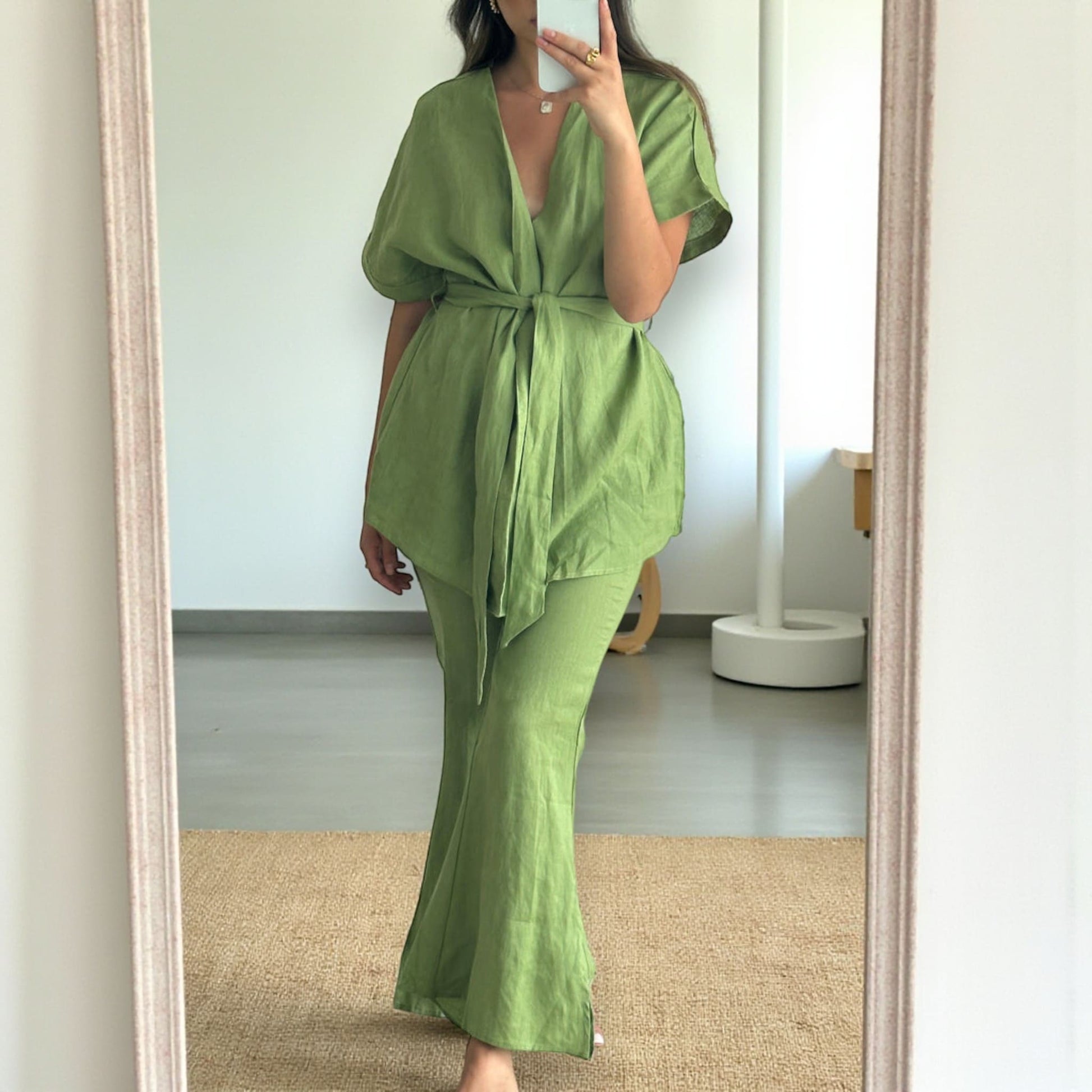 Short Sleeve Linen Wrap Top, Relaxed Tie-Waist Blouse