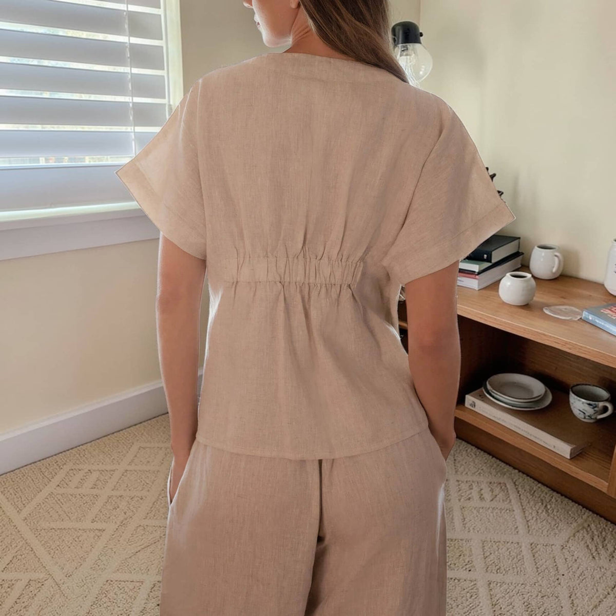 Short Sleeve Linen Wrap Top, V Neck Linen Top