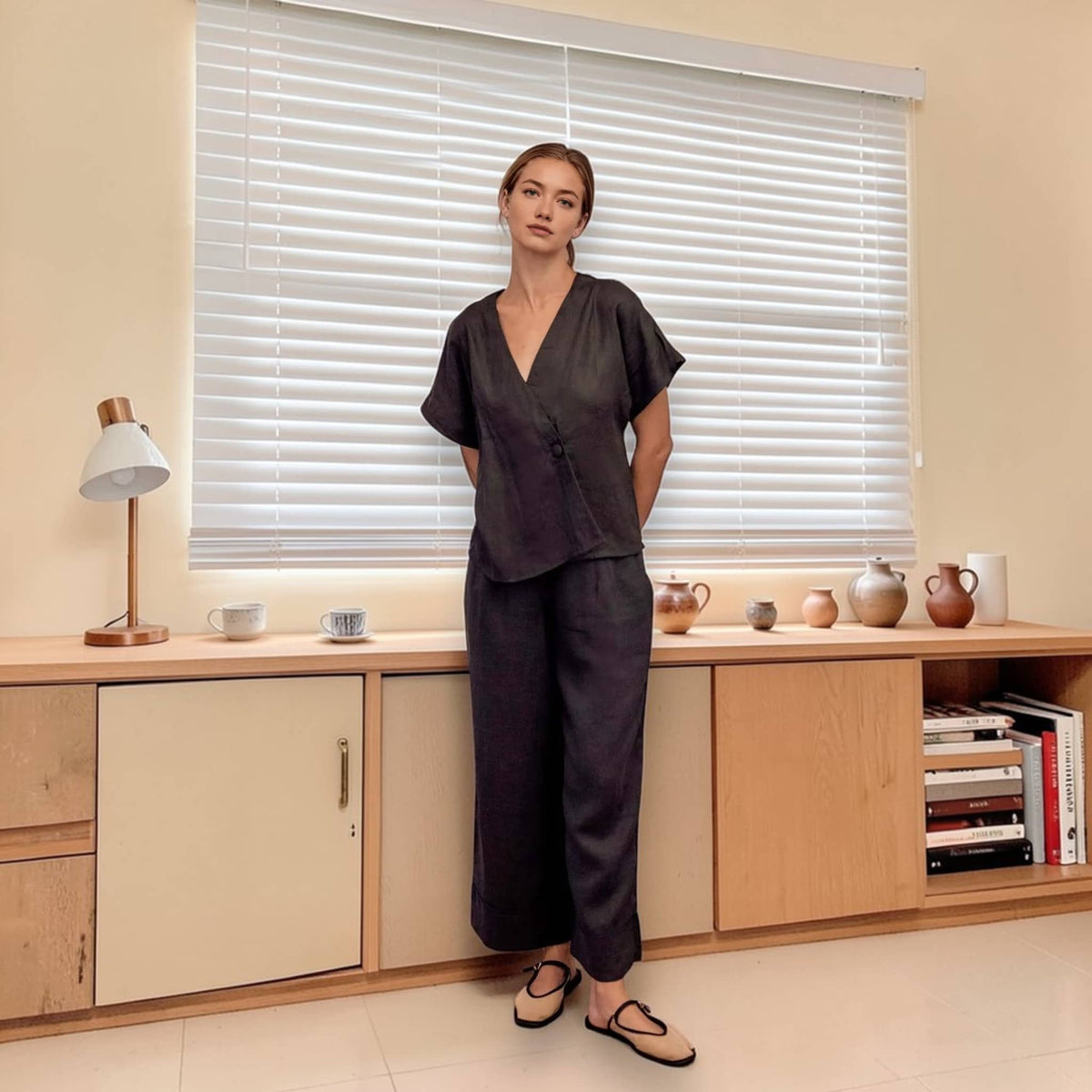 Short Sleeve Linen Wrap Top, V Neck Linen Top