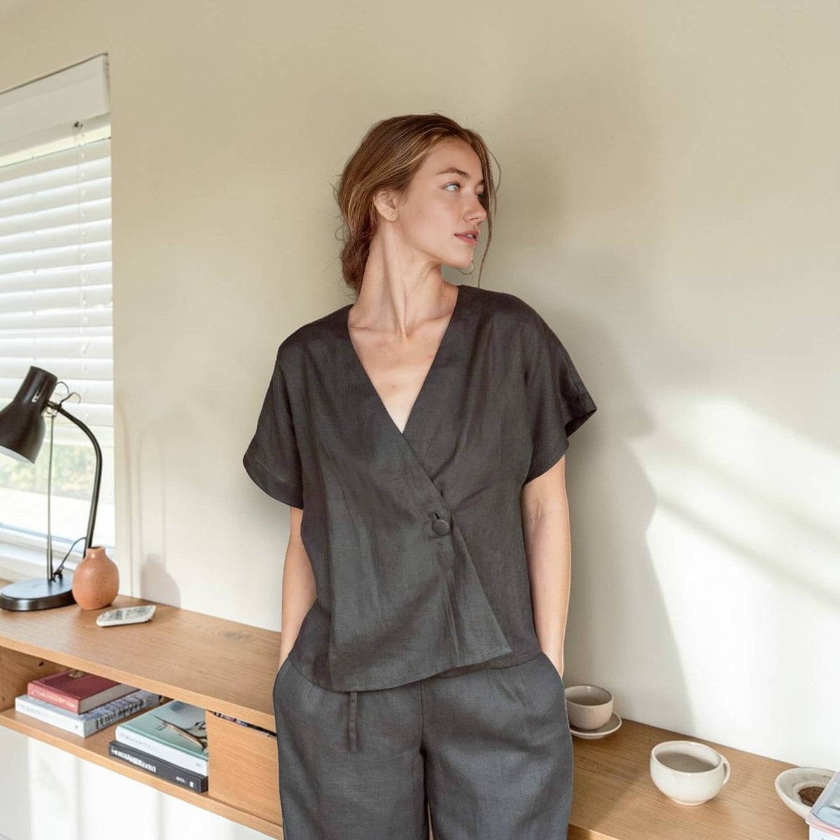 Short Sleeve Linen Wrap Top, V Neck Linen Top