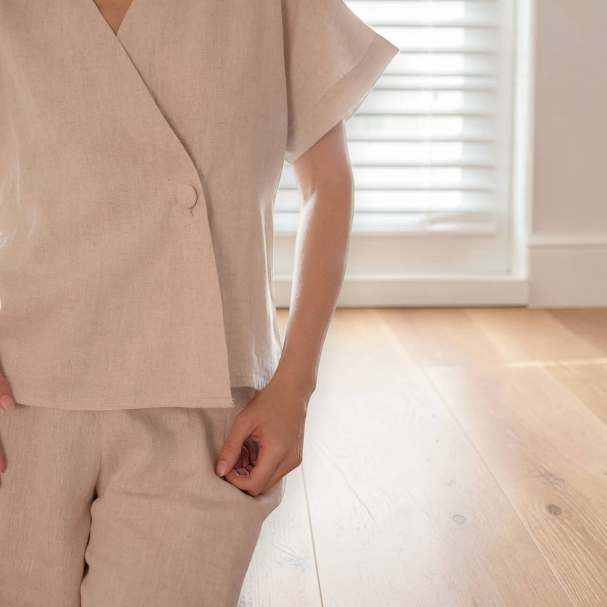 Short Sleeve Linen Wrap Top, V Neck Linen Top