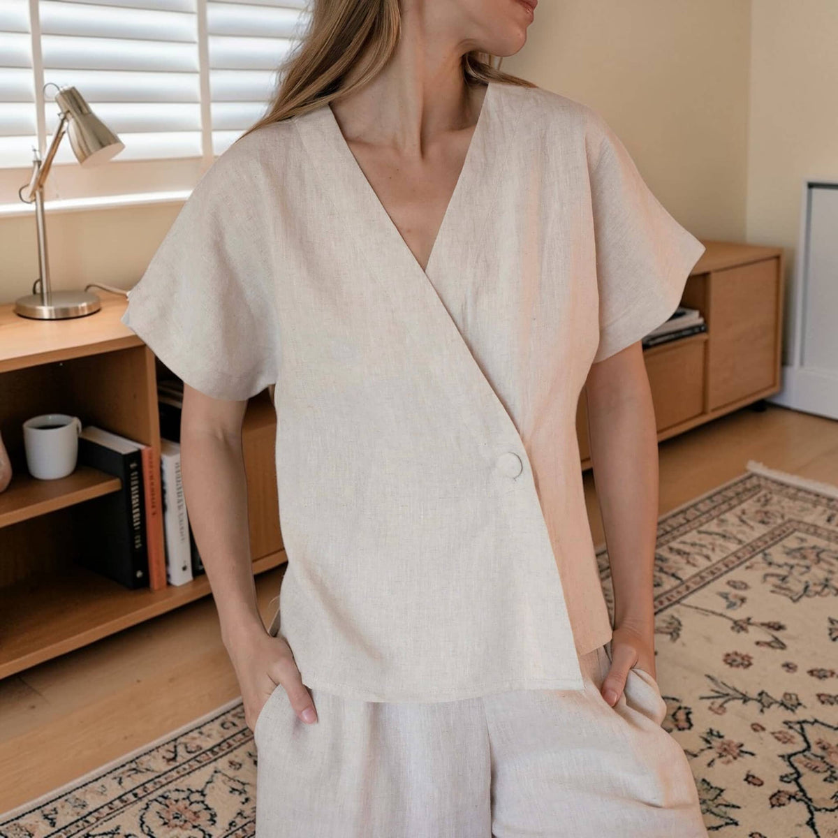 Short Sleeve Linen Wrap Top, V Neck Linen Top