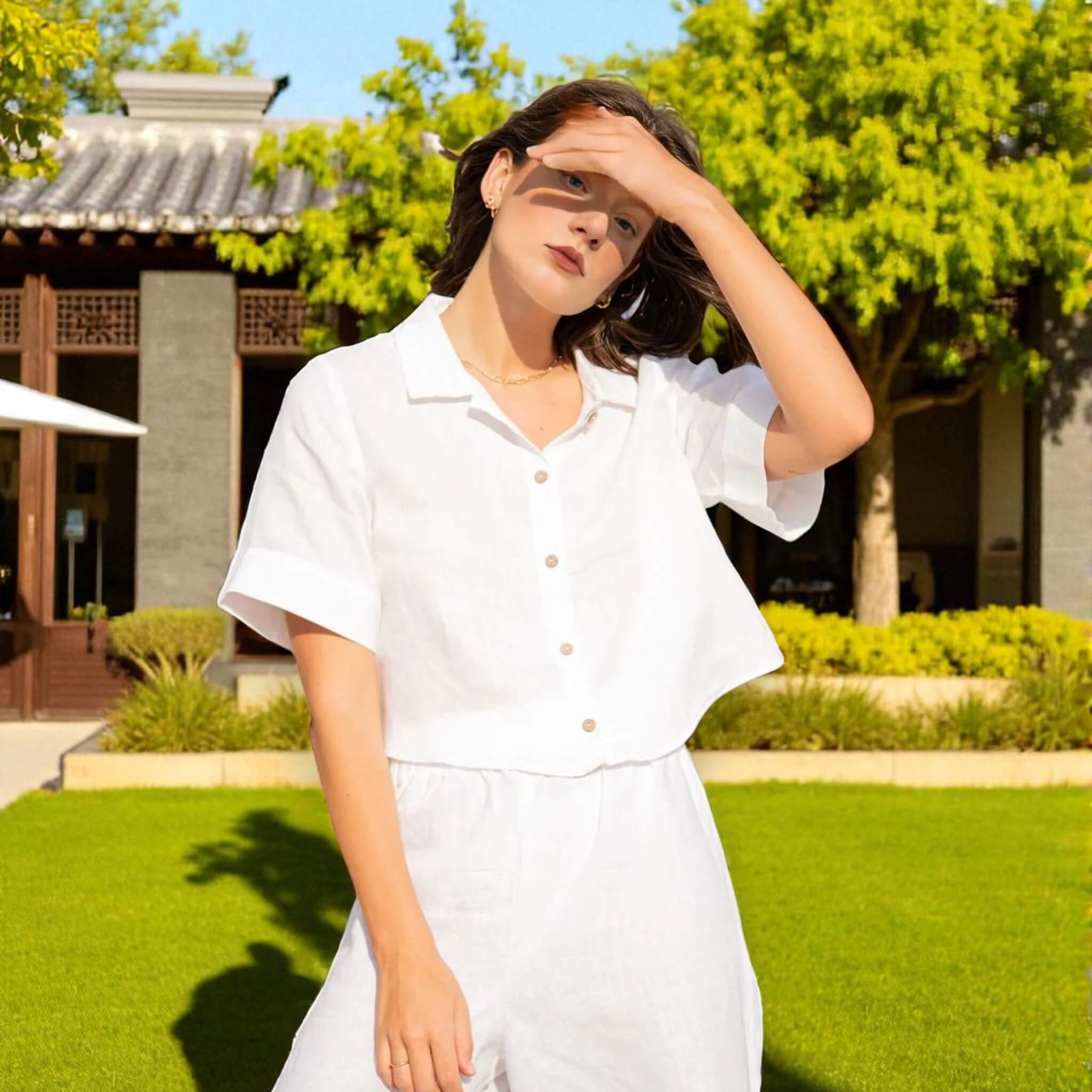 Short Sleeves Cropped Linen Shirt, Boxy Cropped Linen Top