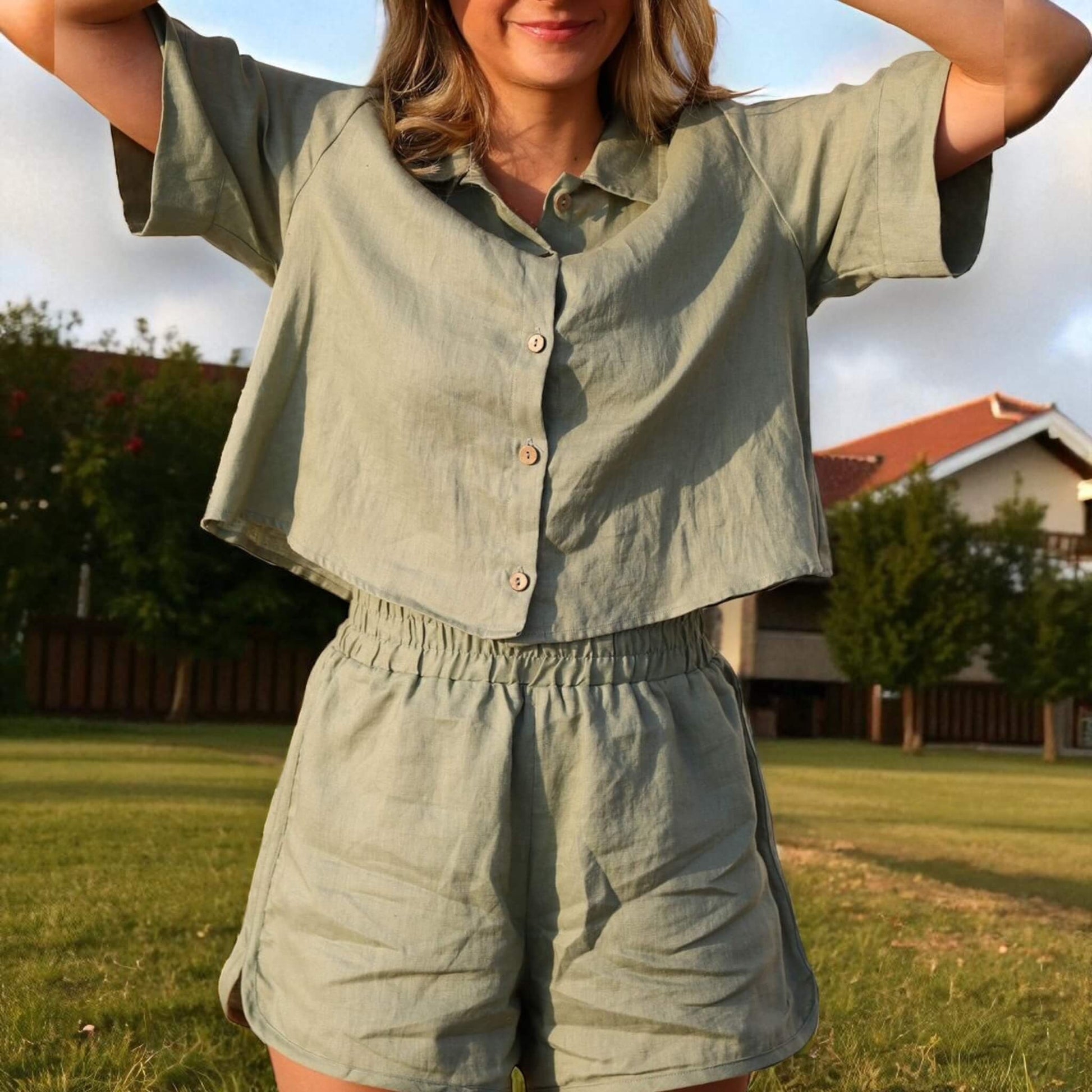 Short Sleeves Cropped Linen Shirt, Boxy Cropped Linen Top