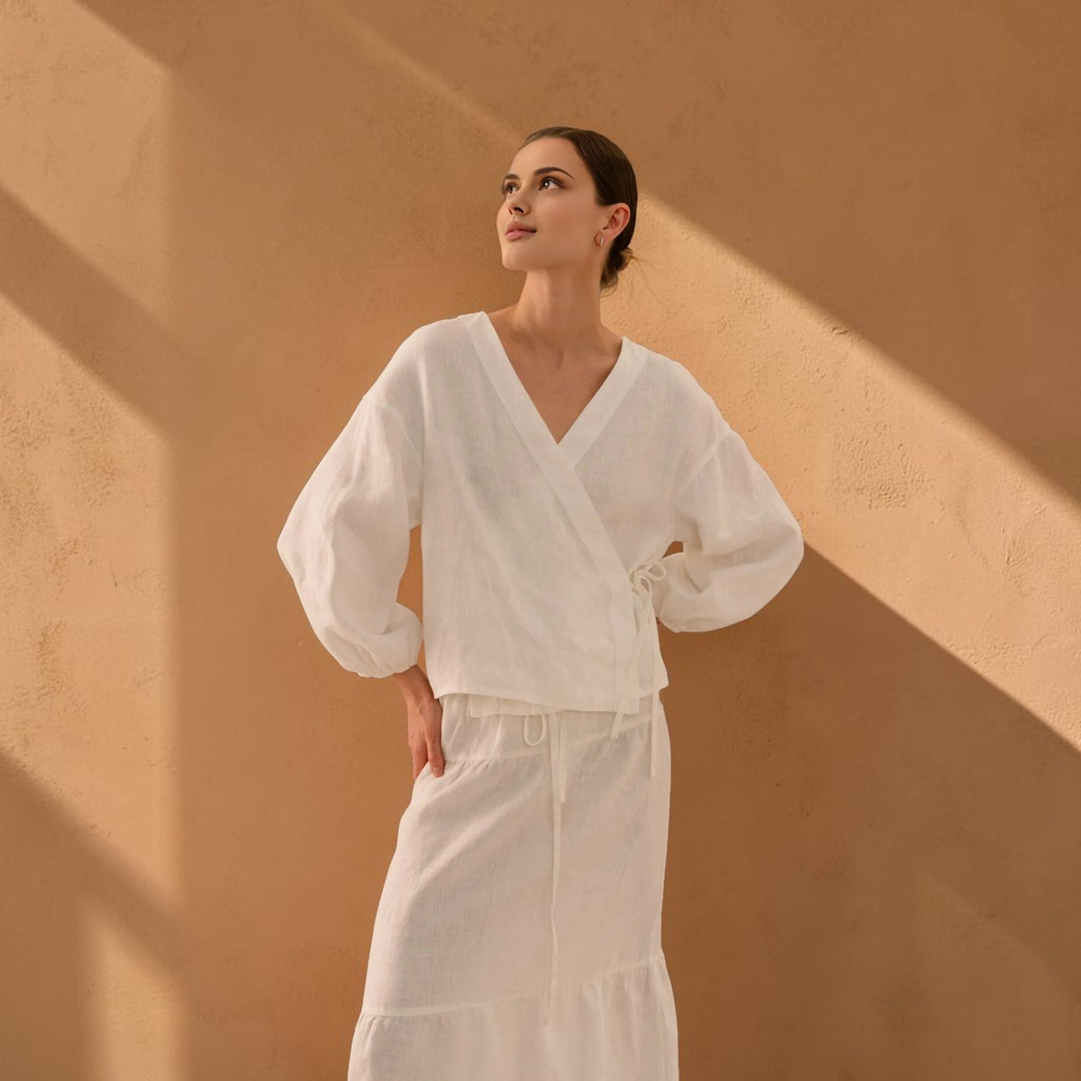 Side Tie Linen Top, V Neck Elastic Cuff