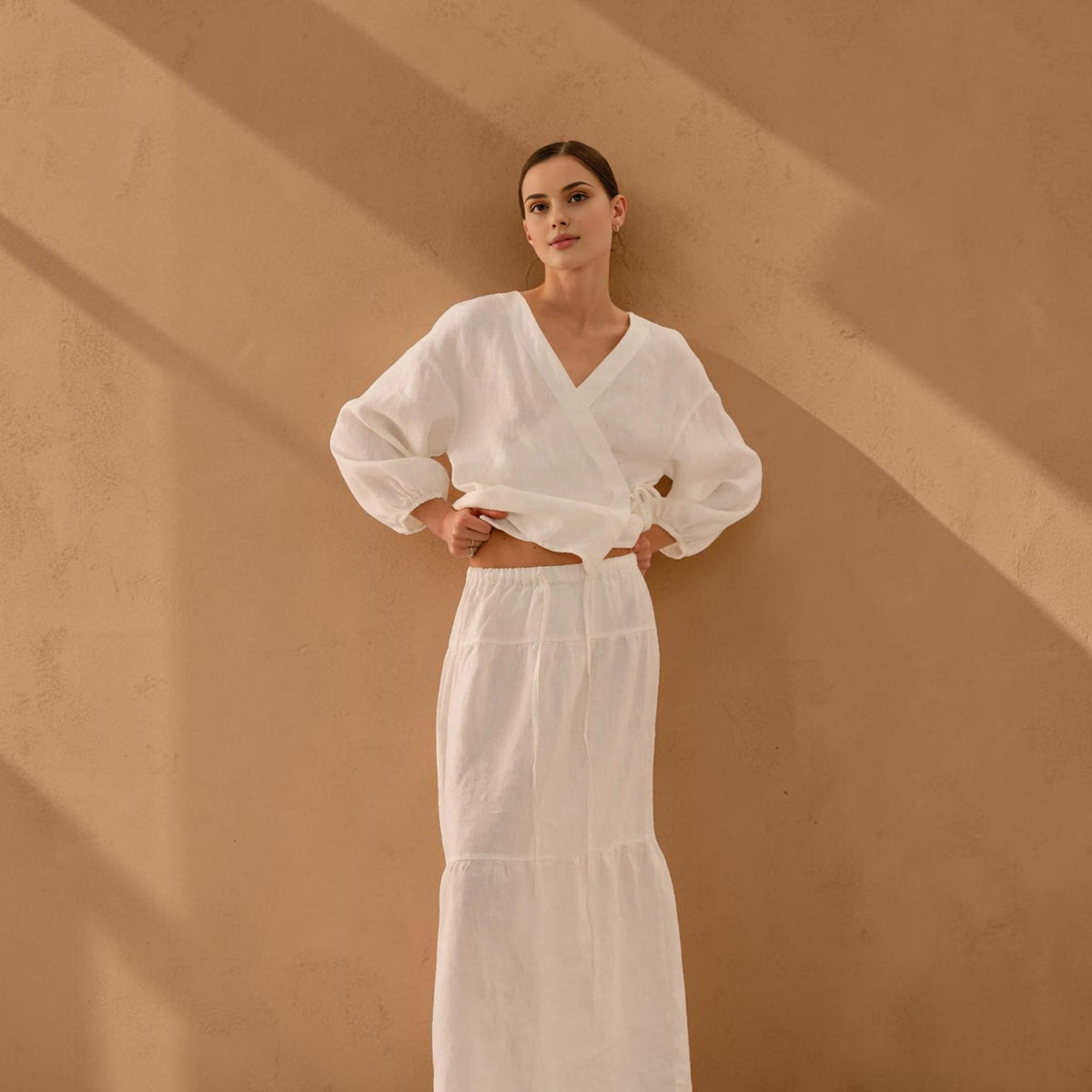 Side Tie Linen Top, V Neck Elastic Cuff