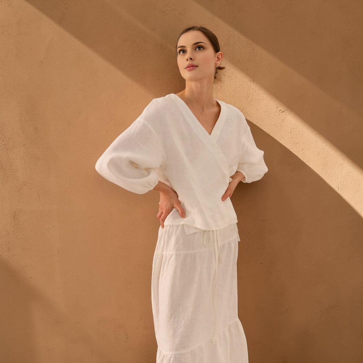 Side Tie Linen Top, V Neck Elastic Cuff