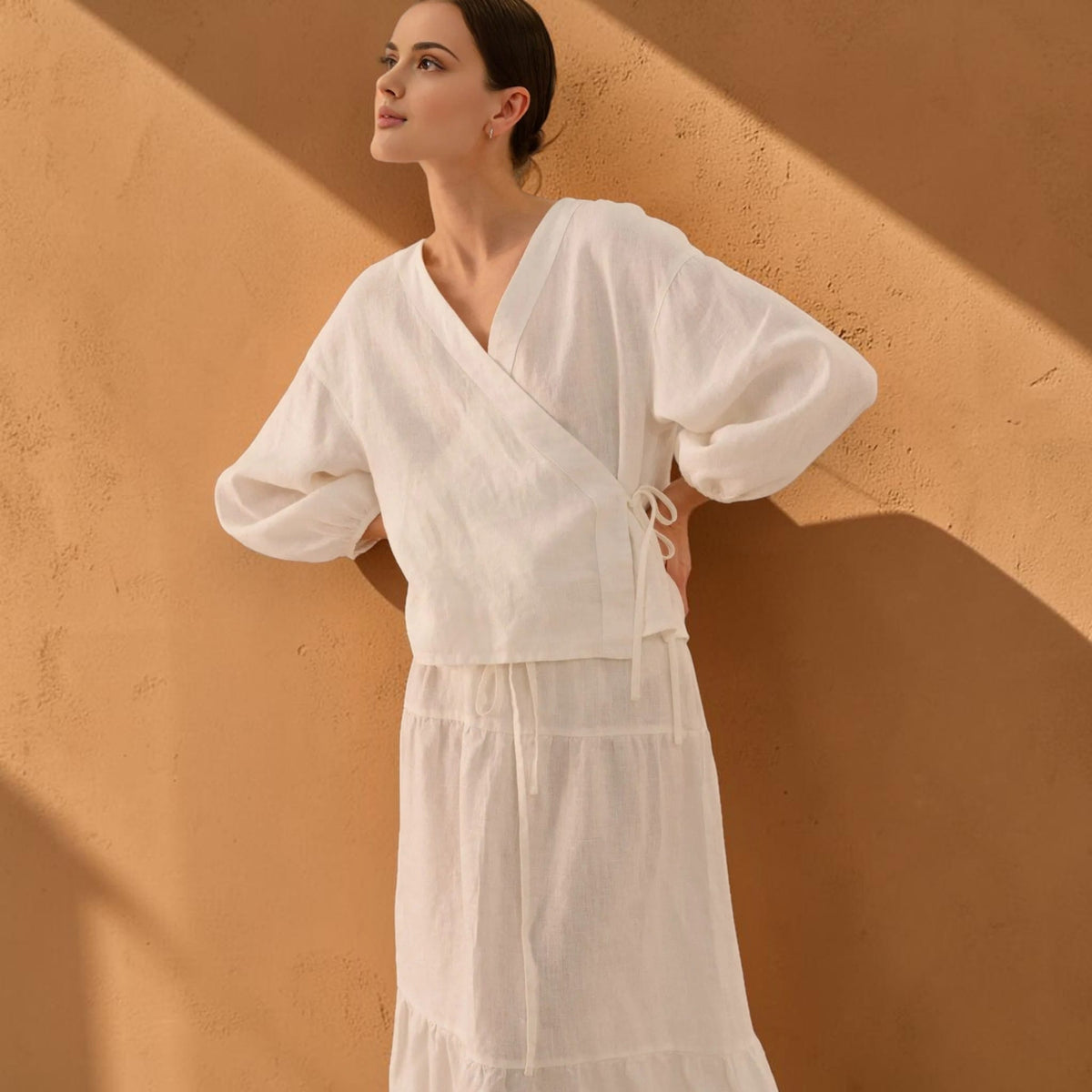 Side Tie Linen Top, V Neck Elastic Cuff