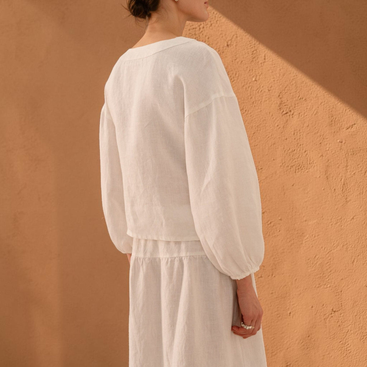 Side Tie Linen Top, V Neck Elastic Cuff