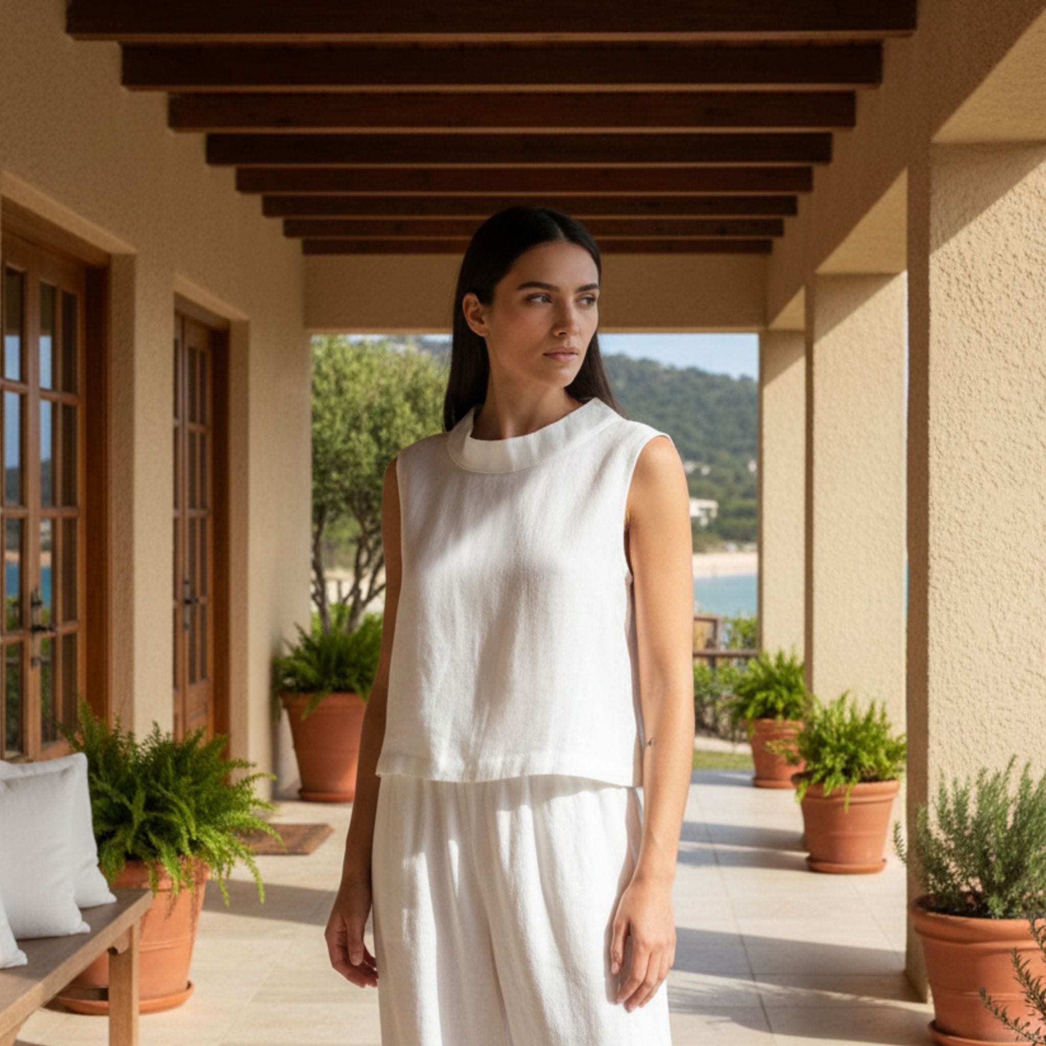 Sleeveless Boxy Linen Top, Linen Mock Neck Top