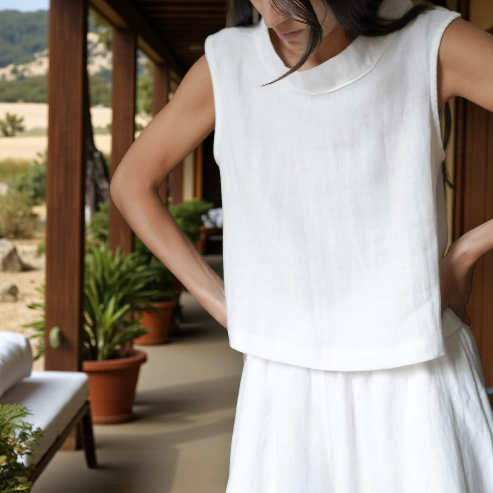 Sleeveless Boxy Linen Top, Linen Mock Neck Top