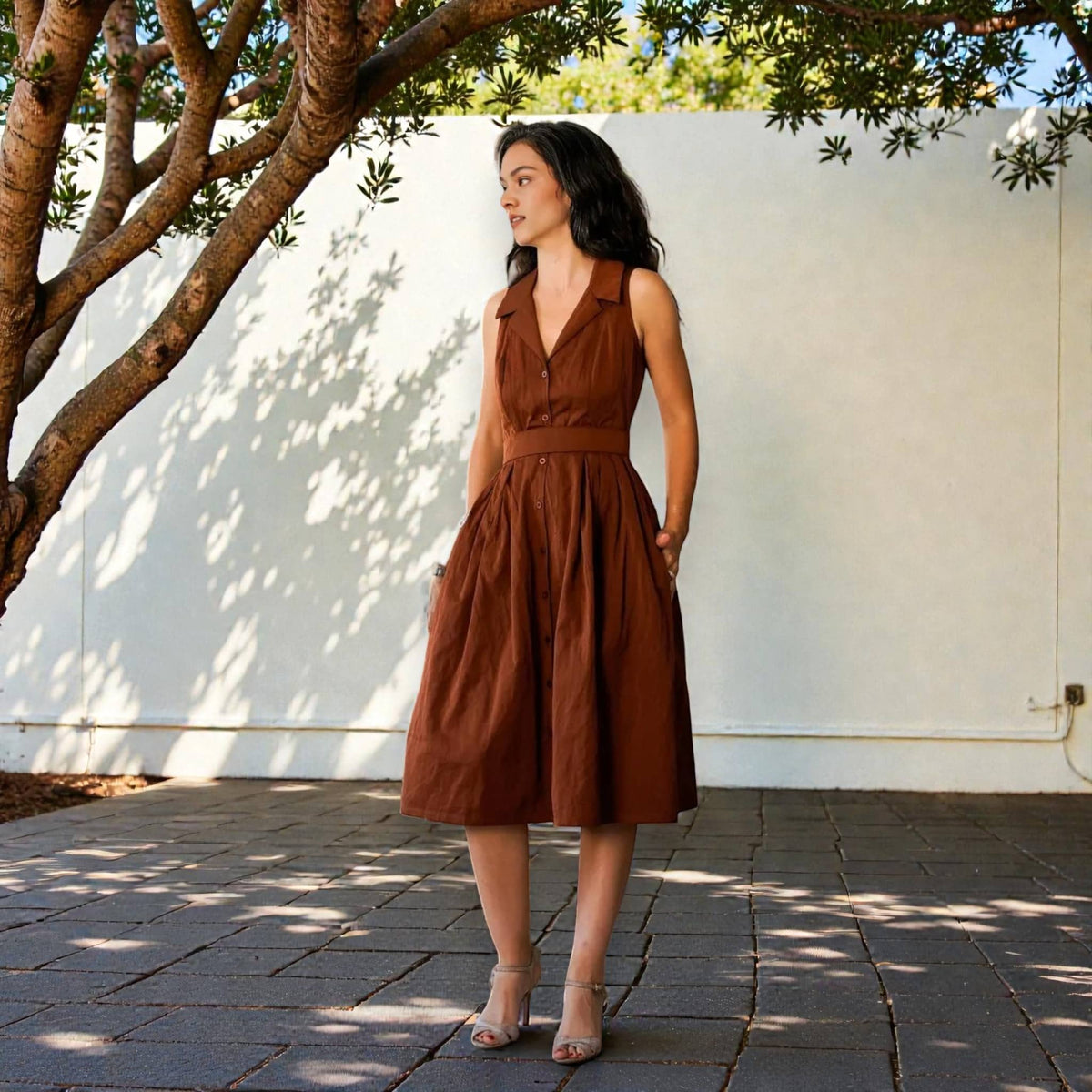 Sleeveless Button Front Dress, Halter Neck Linen Midi Dress