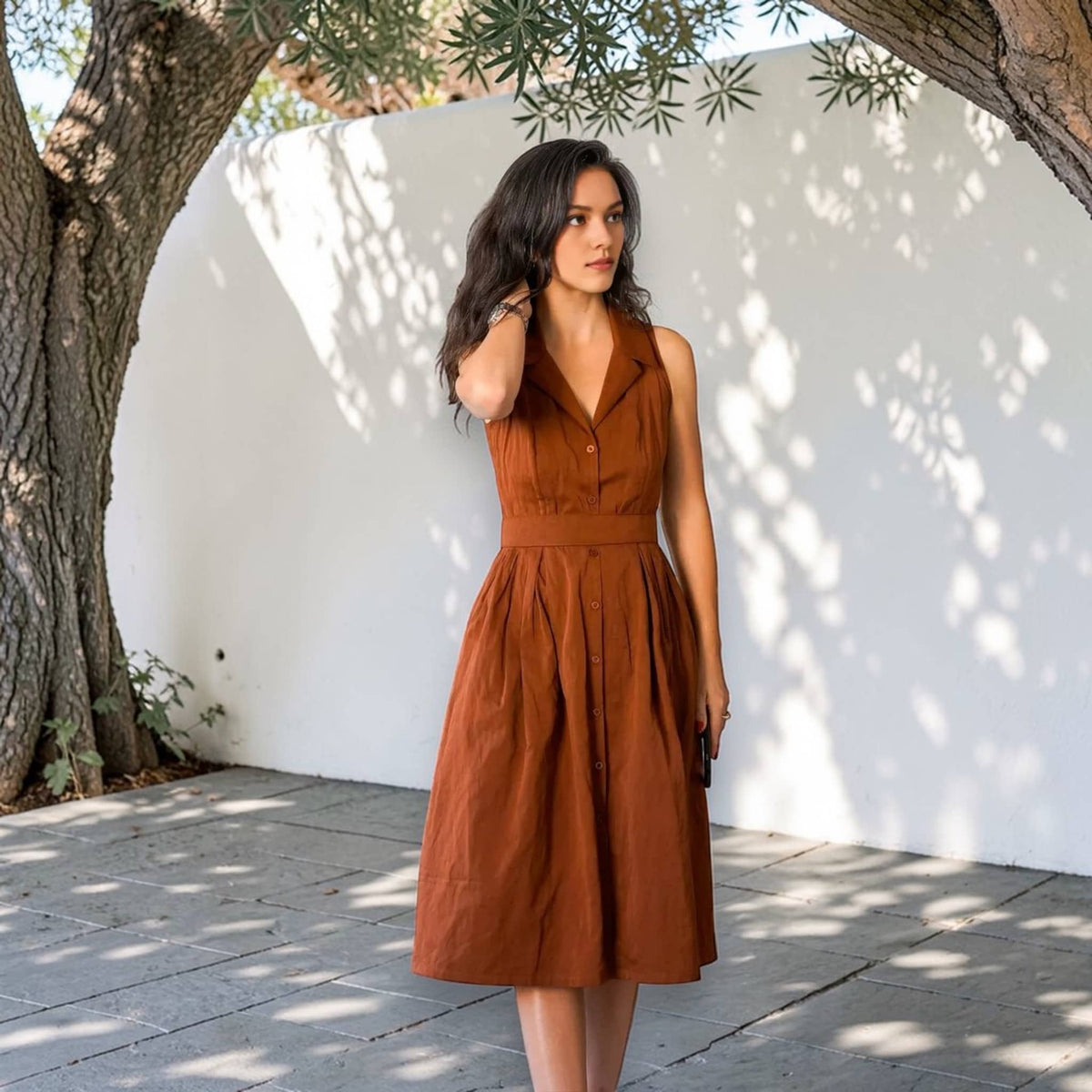 Sleeveless Button Front Dress, Halter Neck Linen Midi Dress