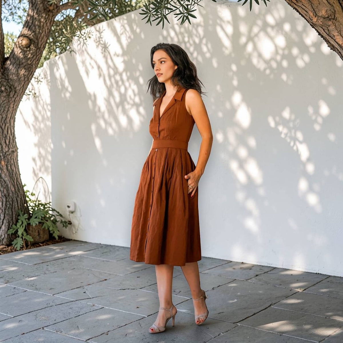 Sleeveless Button Front Dress, Halter Neck Linen Midi Dress