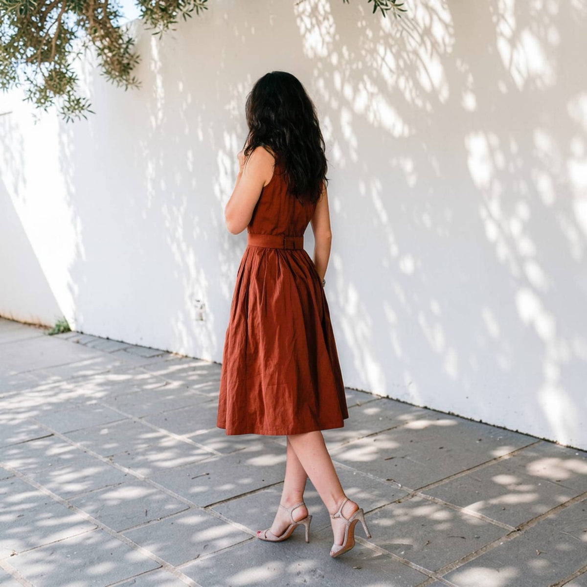 Sleeveless Button Front Dress, Halter Neck Linen Midi Dress