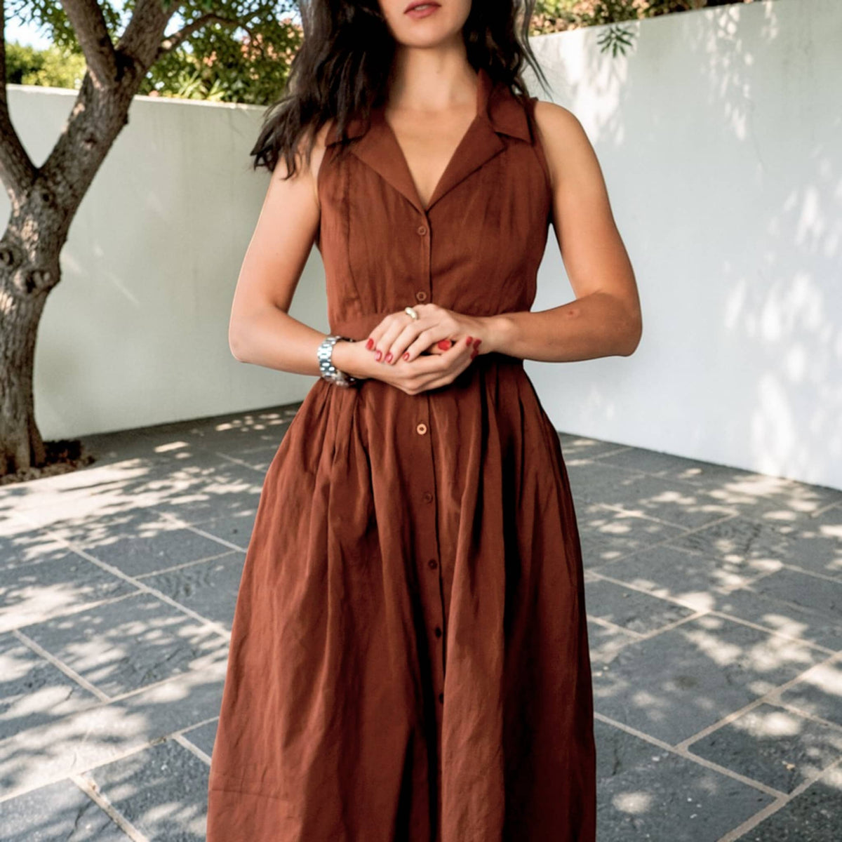 Sleeveless Button Front Dress, Halter Neck Linen Midi Dress