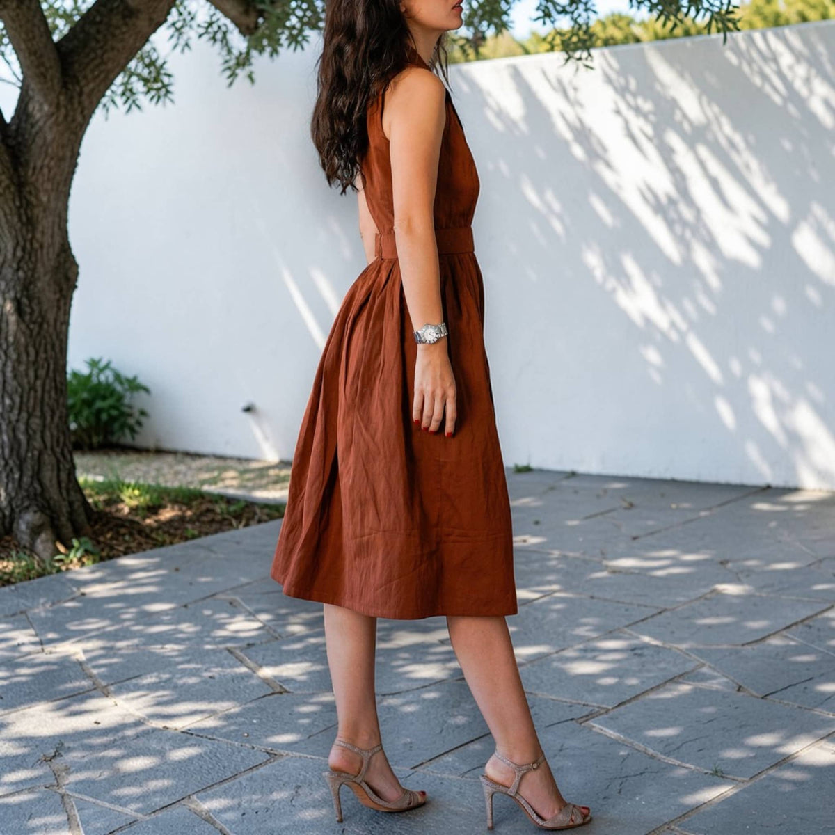 Sleeveless Button Front Dress, Halter Neck Linen Midi Dress