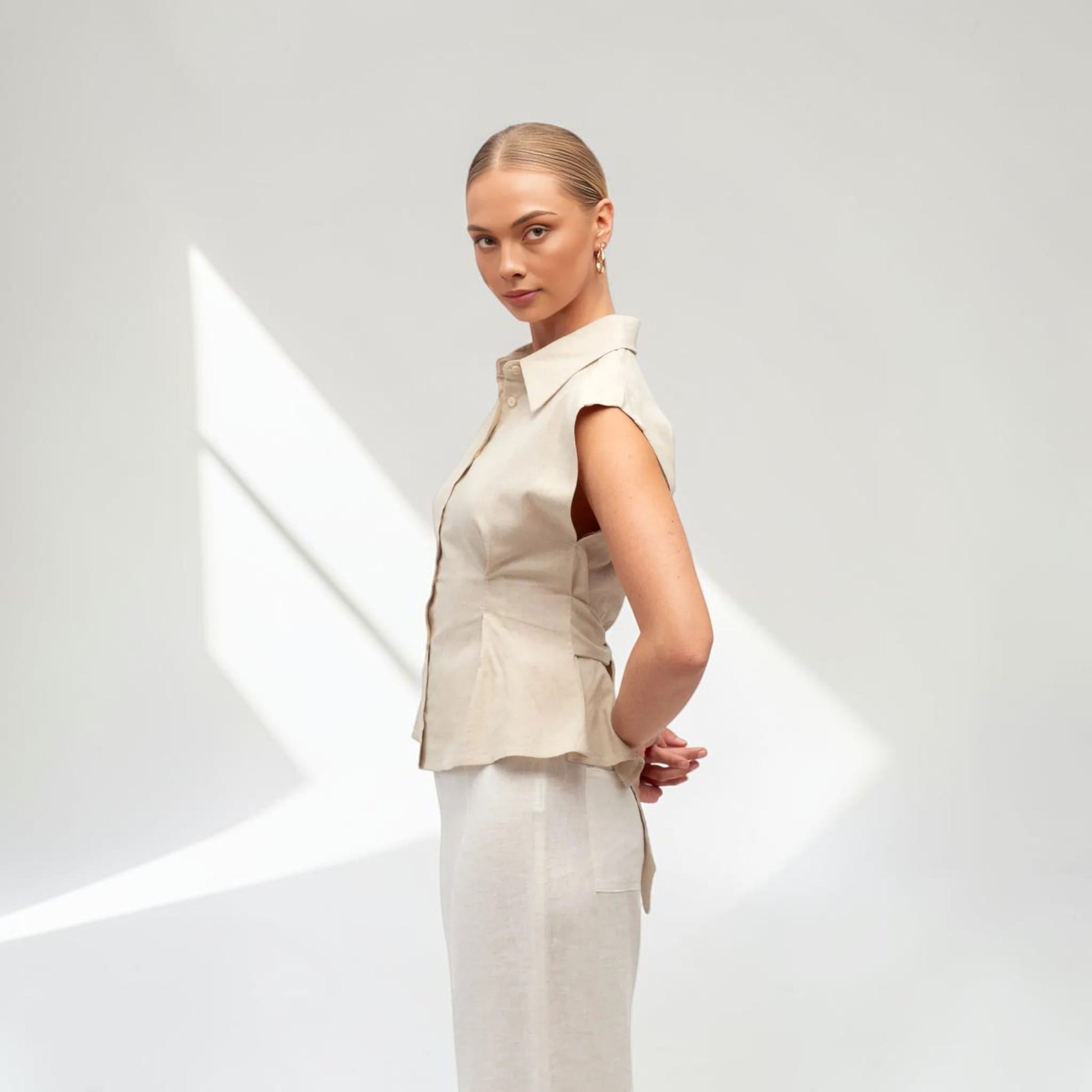 Sleeveless Cropped Linen Shirt, Self Tie Waist