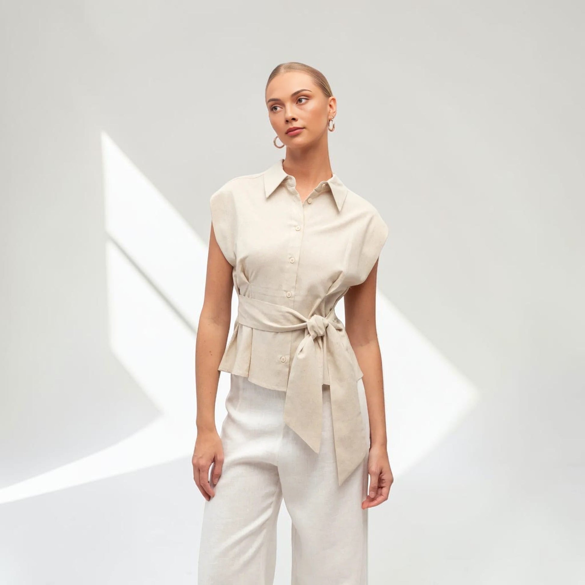 Sleeveless Cropped Linen Shirt, Self Tie Waist