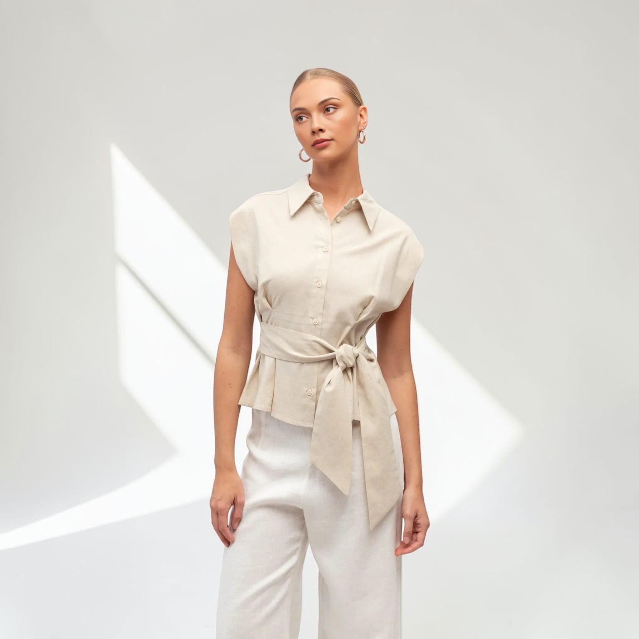 Sleeveless Cropped Linen Shirt, Self Tie Waist