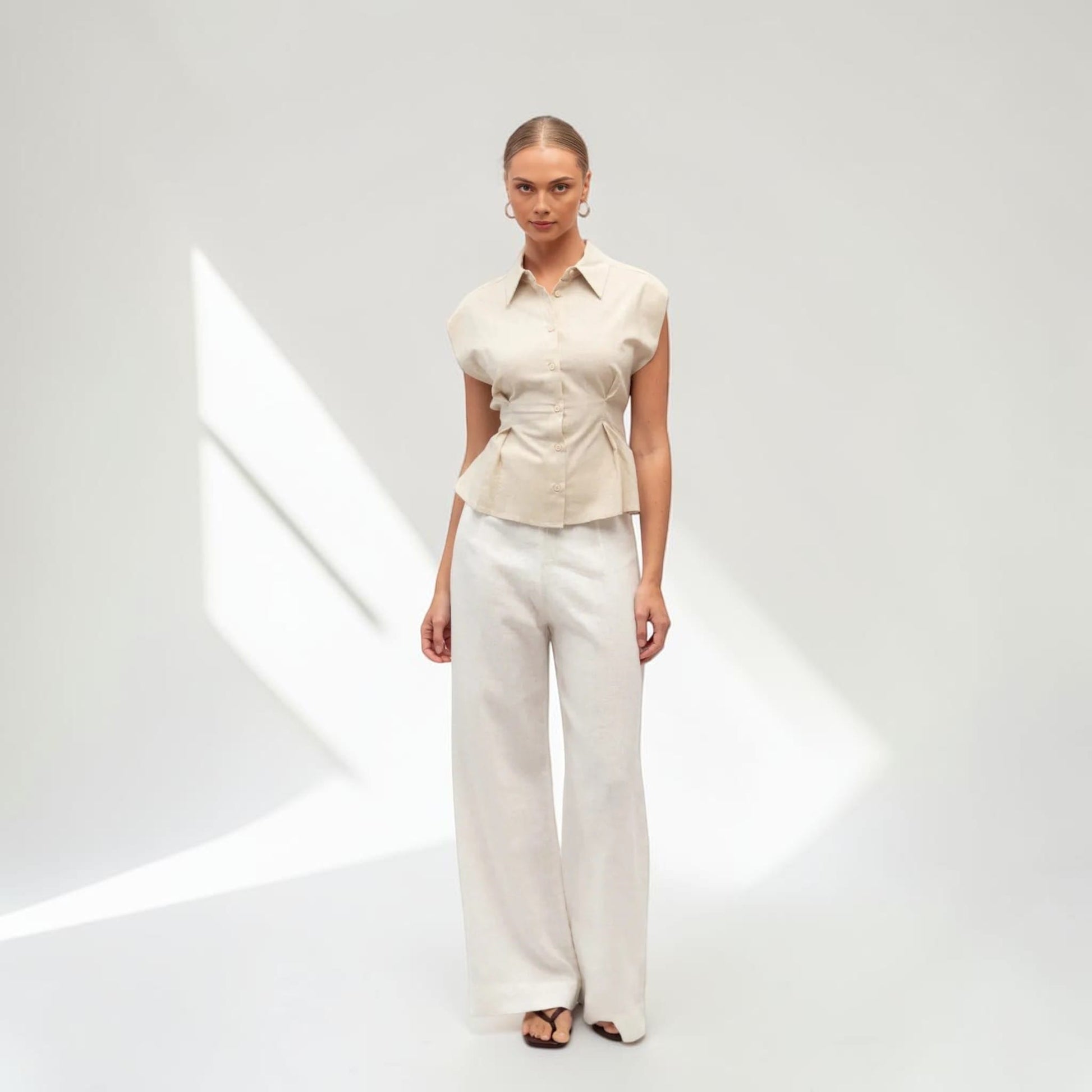 Sleeveless Cropped Linen Shirt, Self Tie Waist