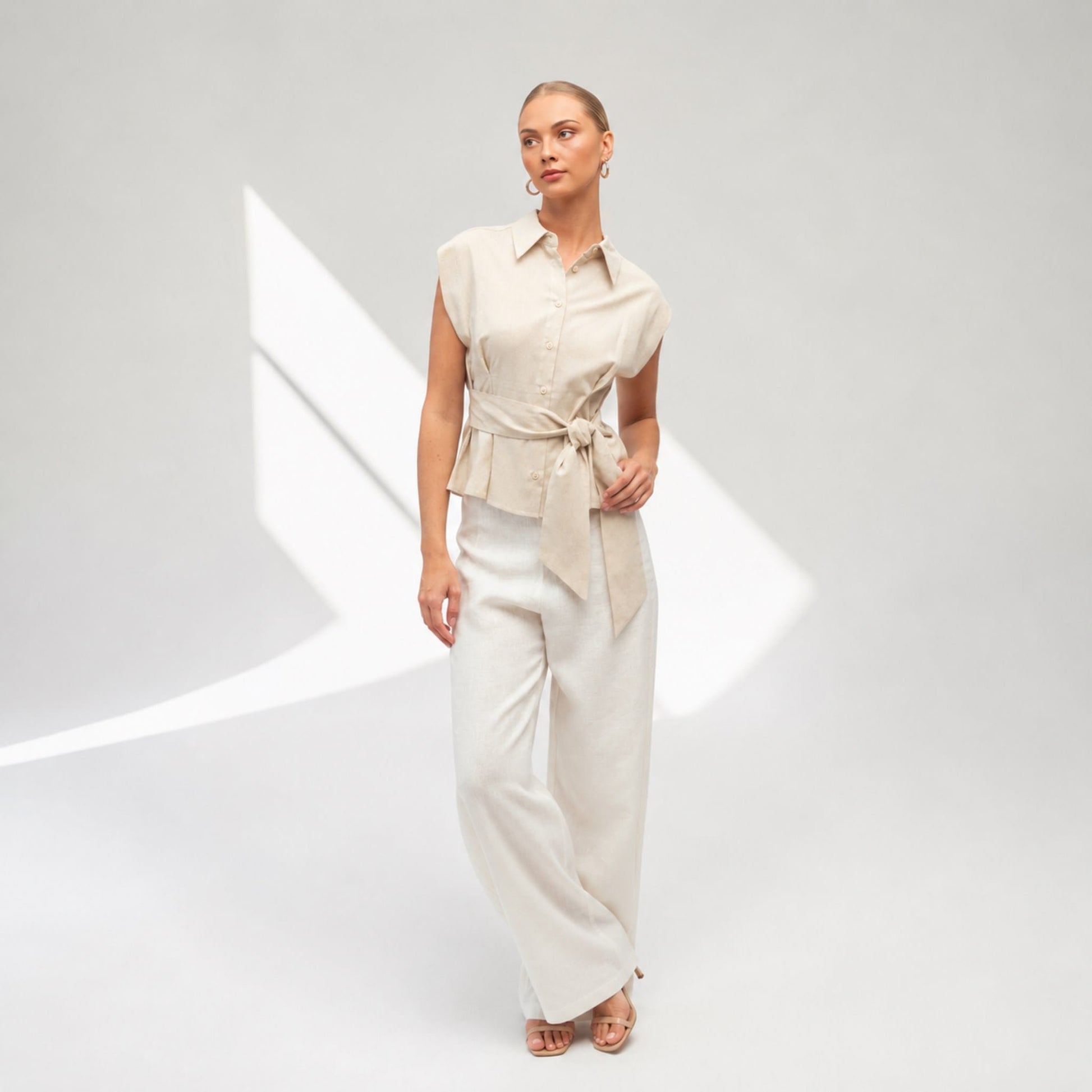 Sleeveless Cropped Linen Shirt, Self Tie Waist