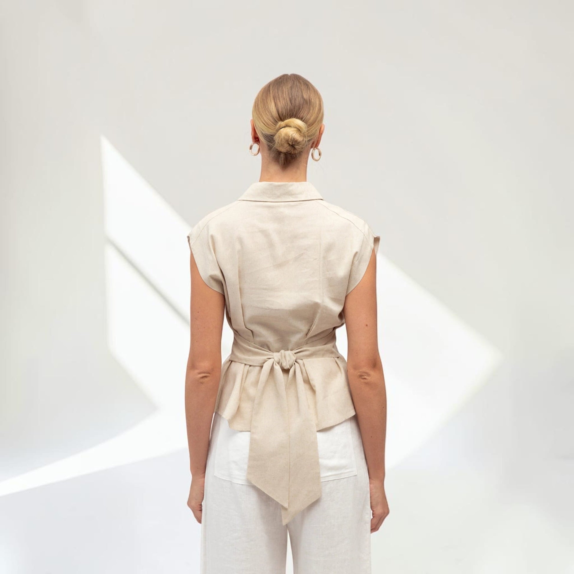 Sleeveless Cropped Linen Shirt, Self Tie Waist