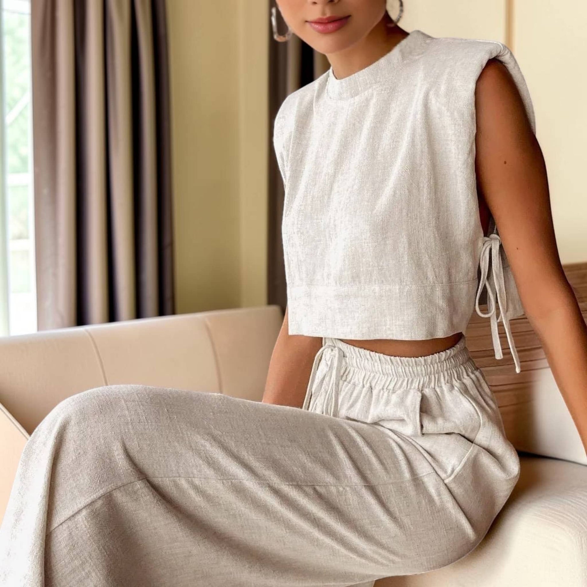 Sleeveless Cropped Linen Top, Side Tie