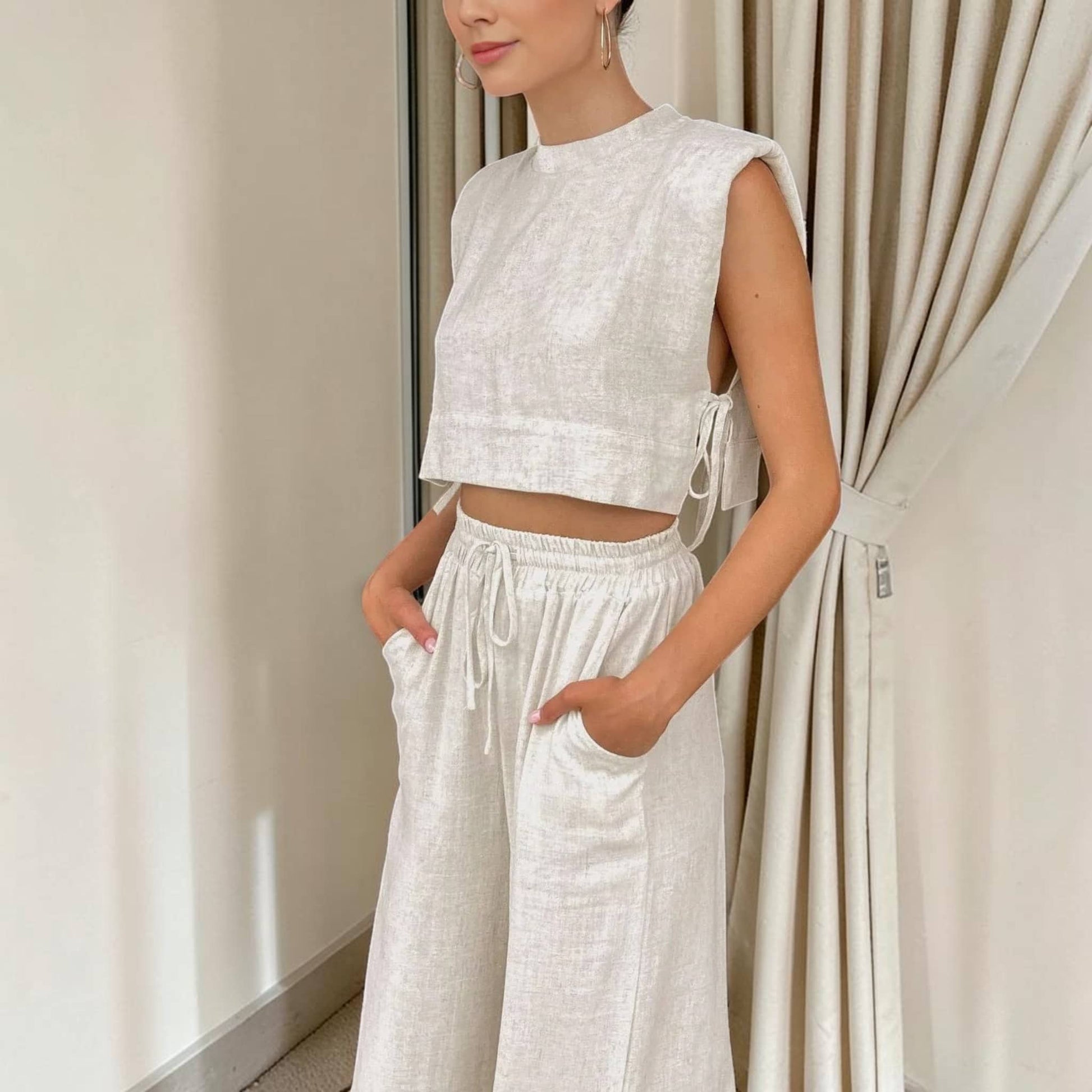 Sleeveless Cropped Linen Top, Side Tie
