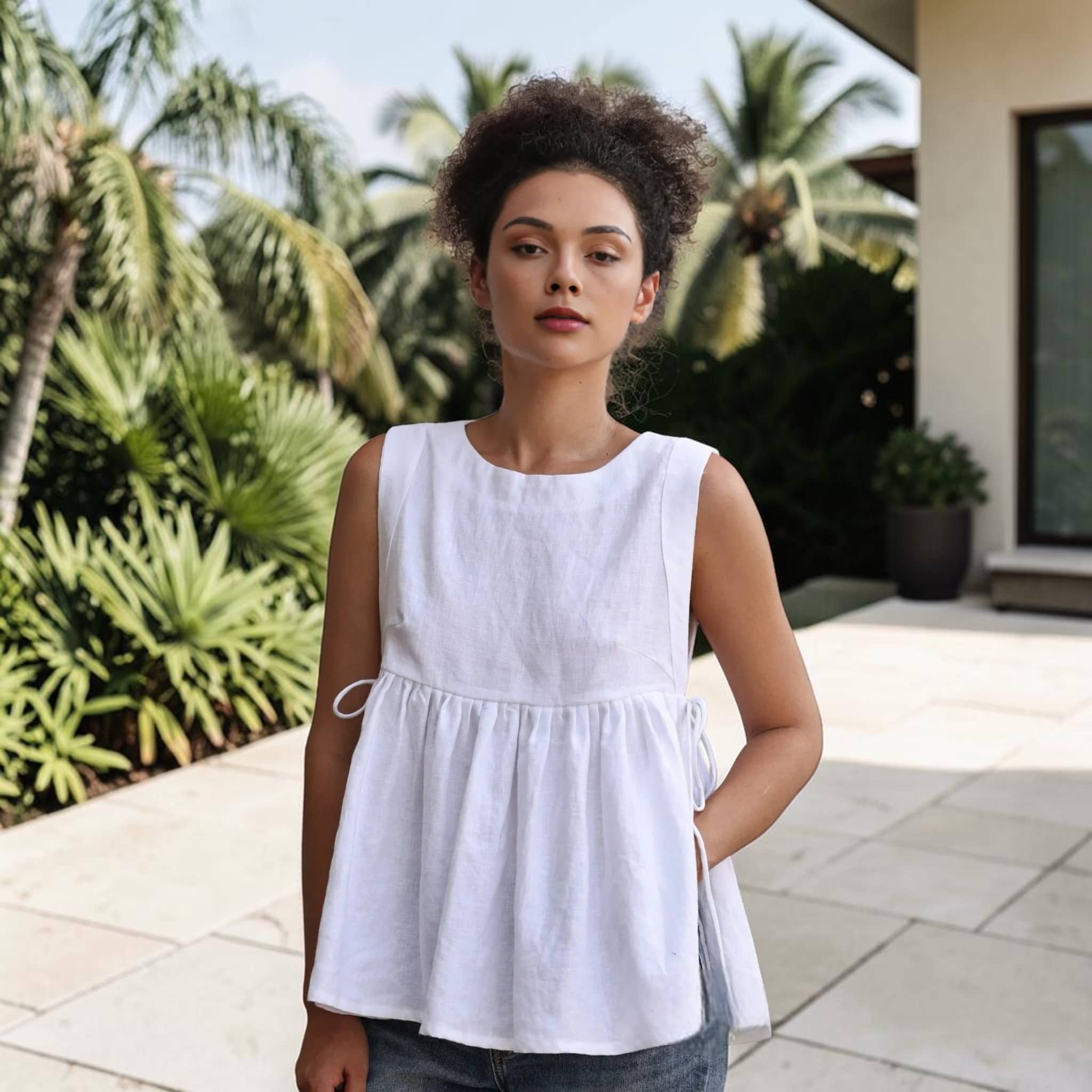 Sleeveless Linen Babydoll Top, Side-Tie