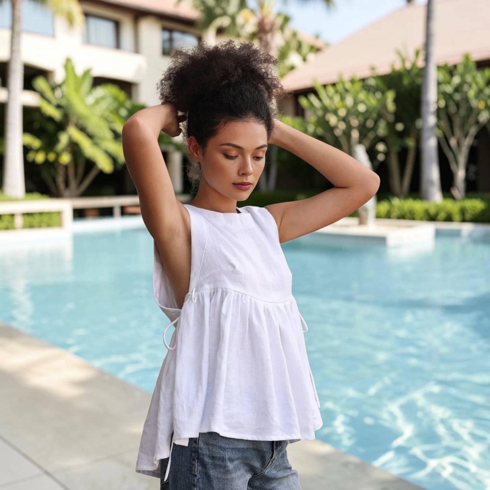 Sleeveless Linen Babydoll Top, Side-Tie