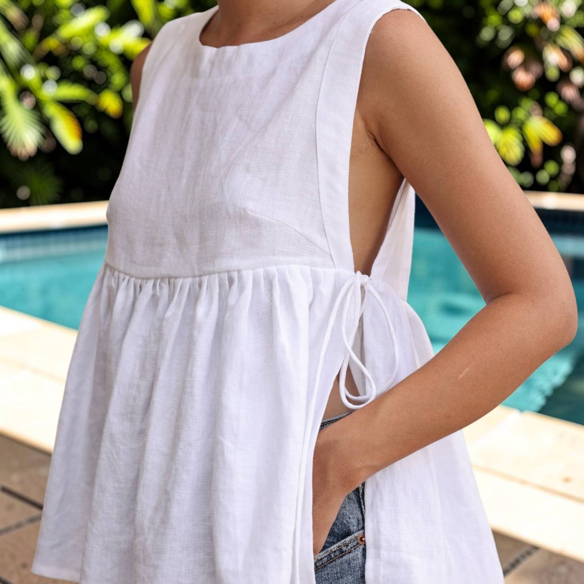 Sleeveless Linen Babydoll Top, Side-Tie