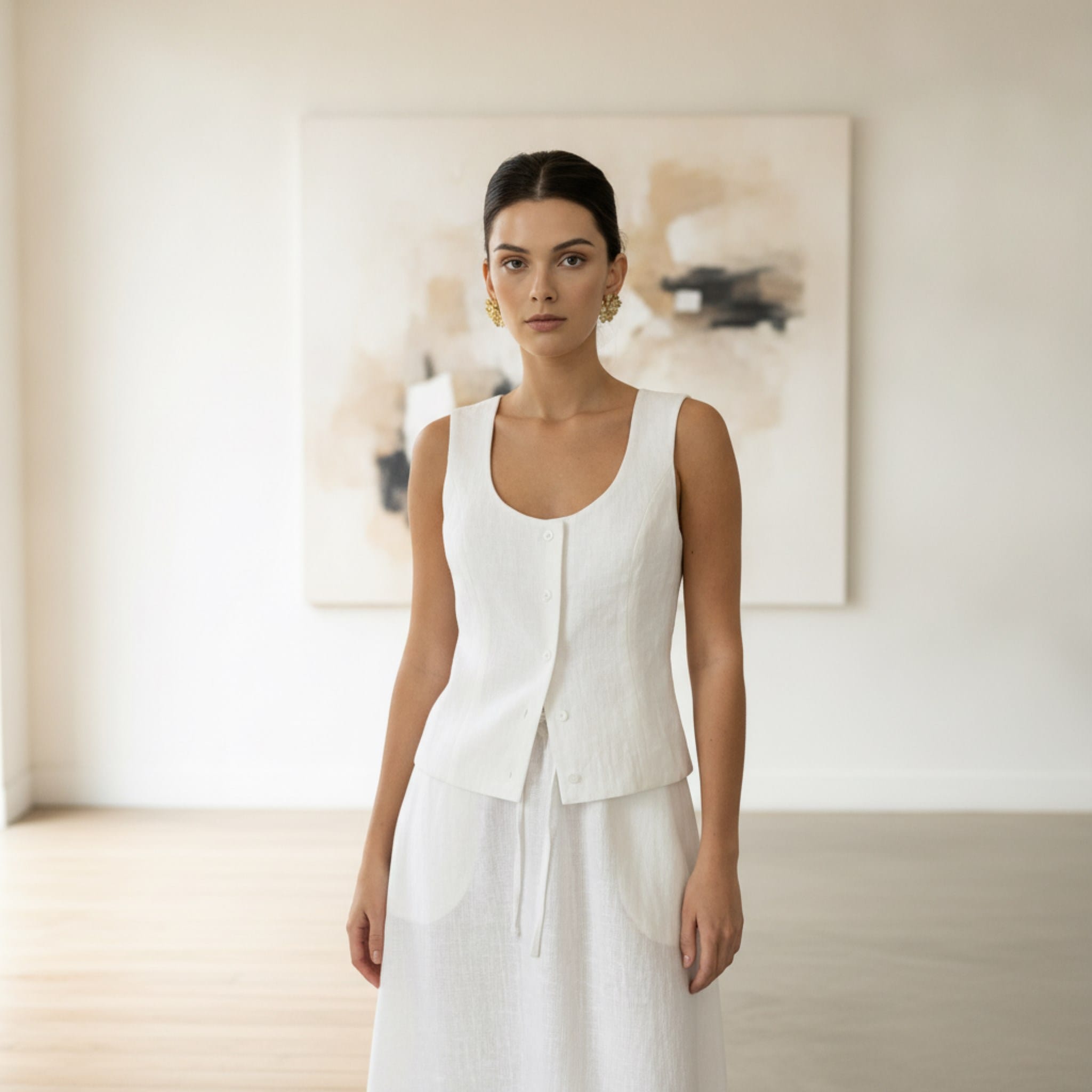 Sleeveless Linen Button Vest Top, Scoop Neck