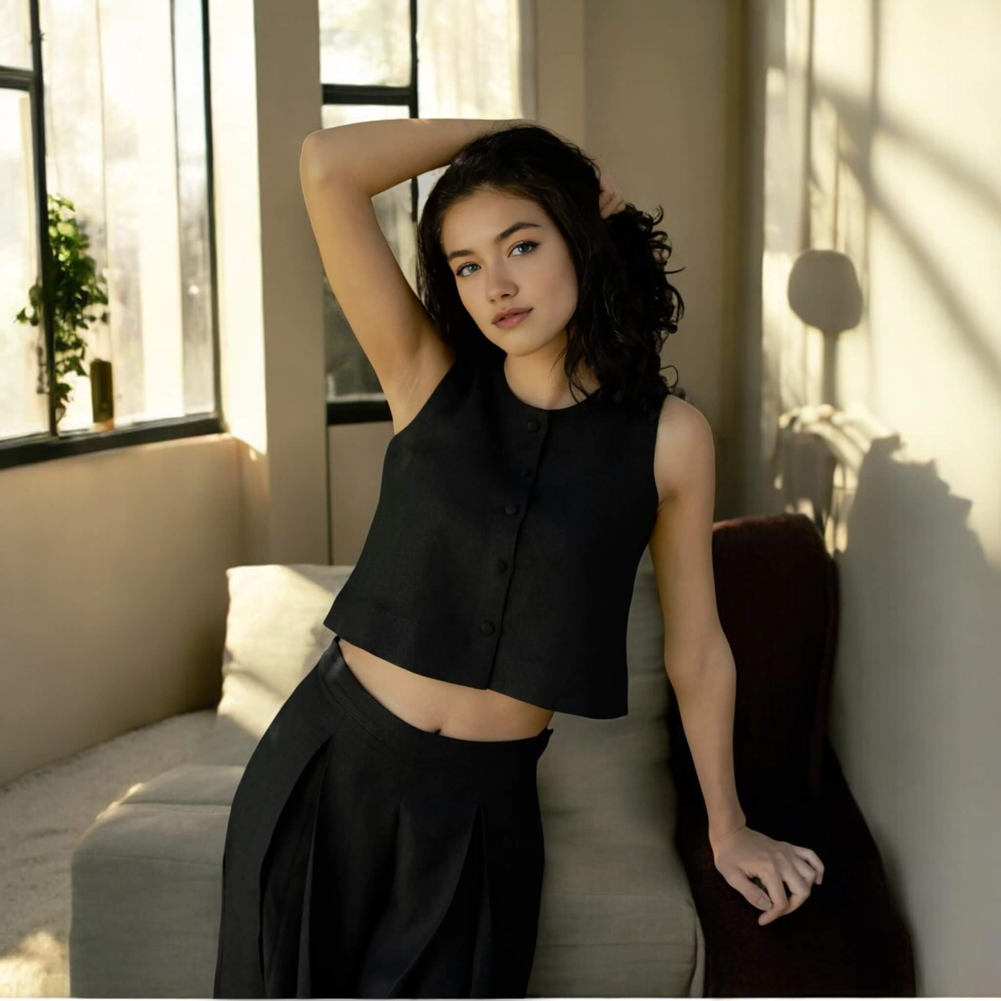 Sleeveless Linen Crop Top, Button Front Linen Crop Top