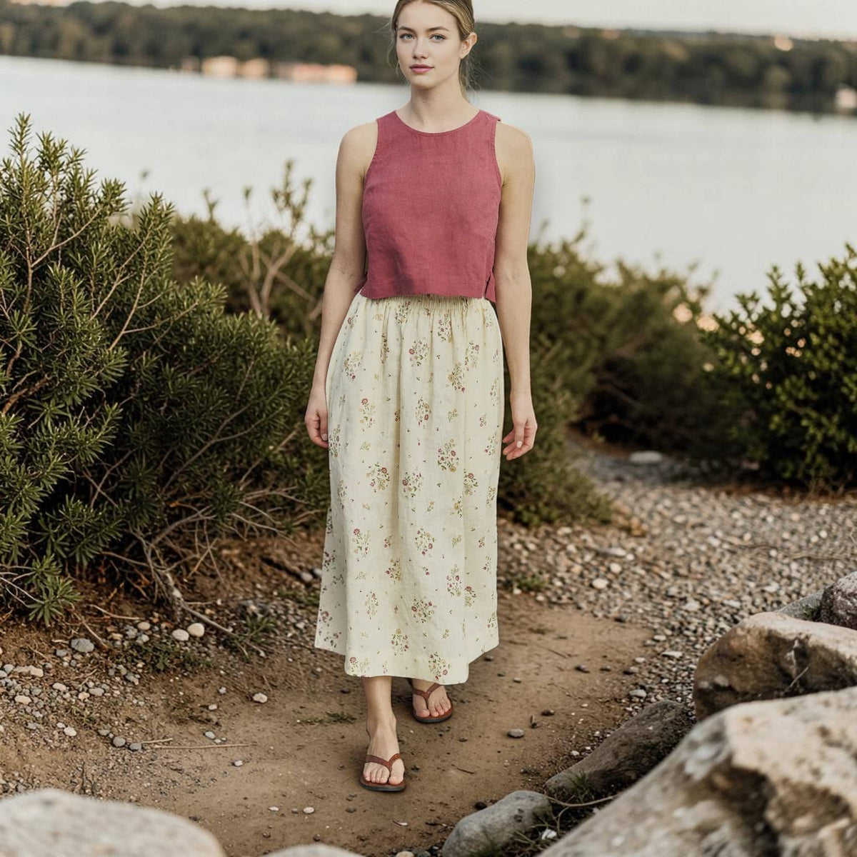 Sleeveless Linen Crop Top, Round Neck Side Slit