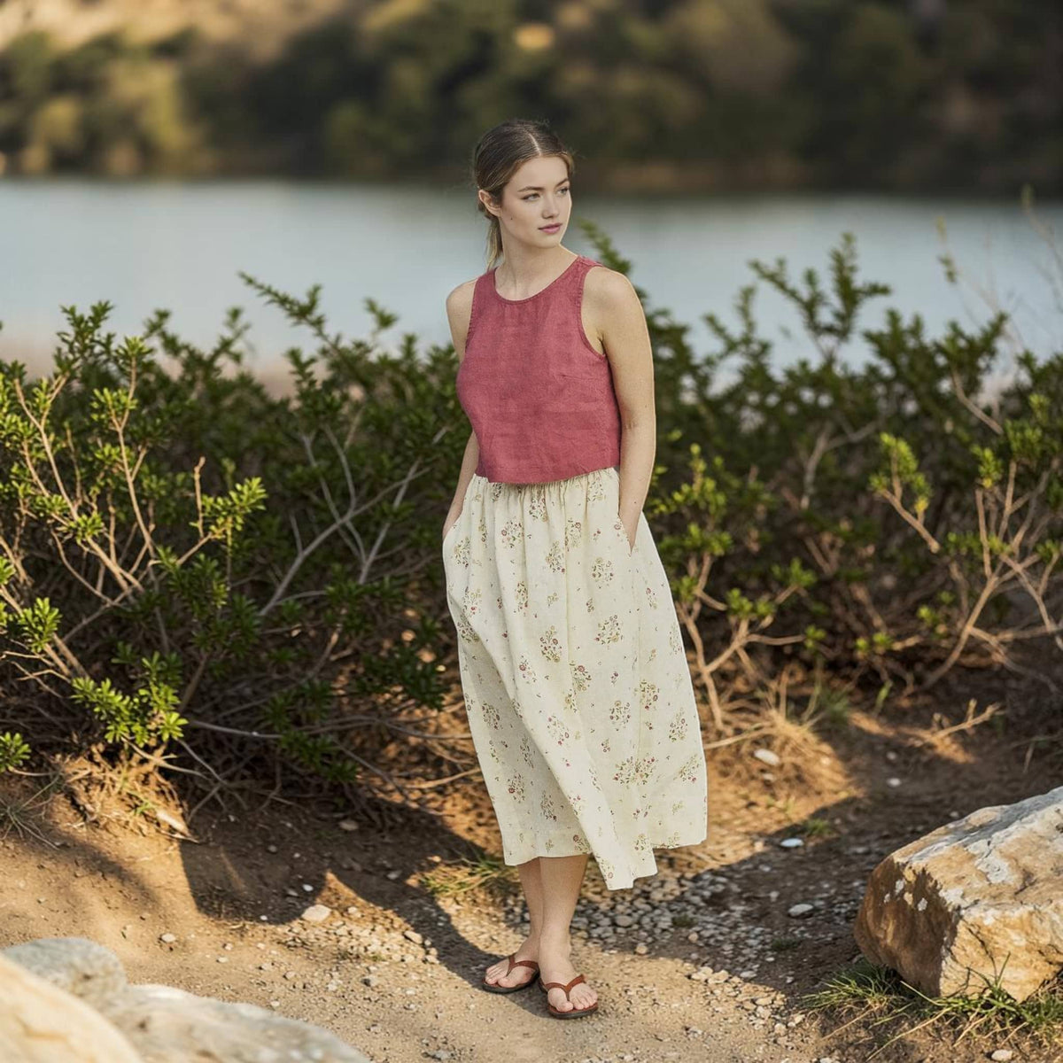 Sleeveless Linen Crop Top, Round Neck Side Slit